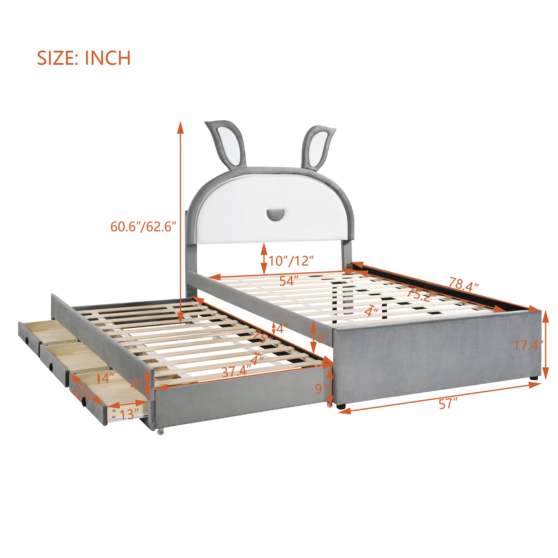 Full Size Upholstered Platform Bed With Trundle And 3 Drawers, Rabbit Shaped Headboard With Embedded Led Lights, Gray Gray Velvet