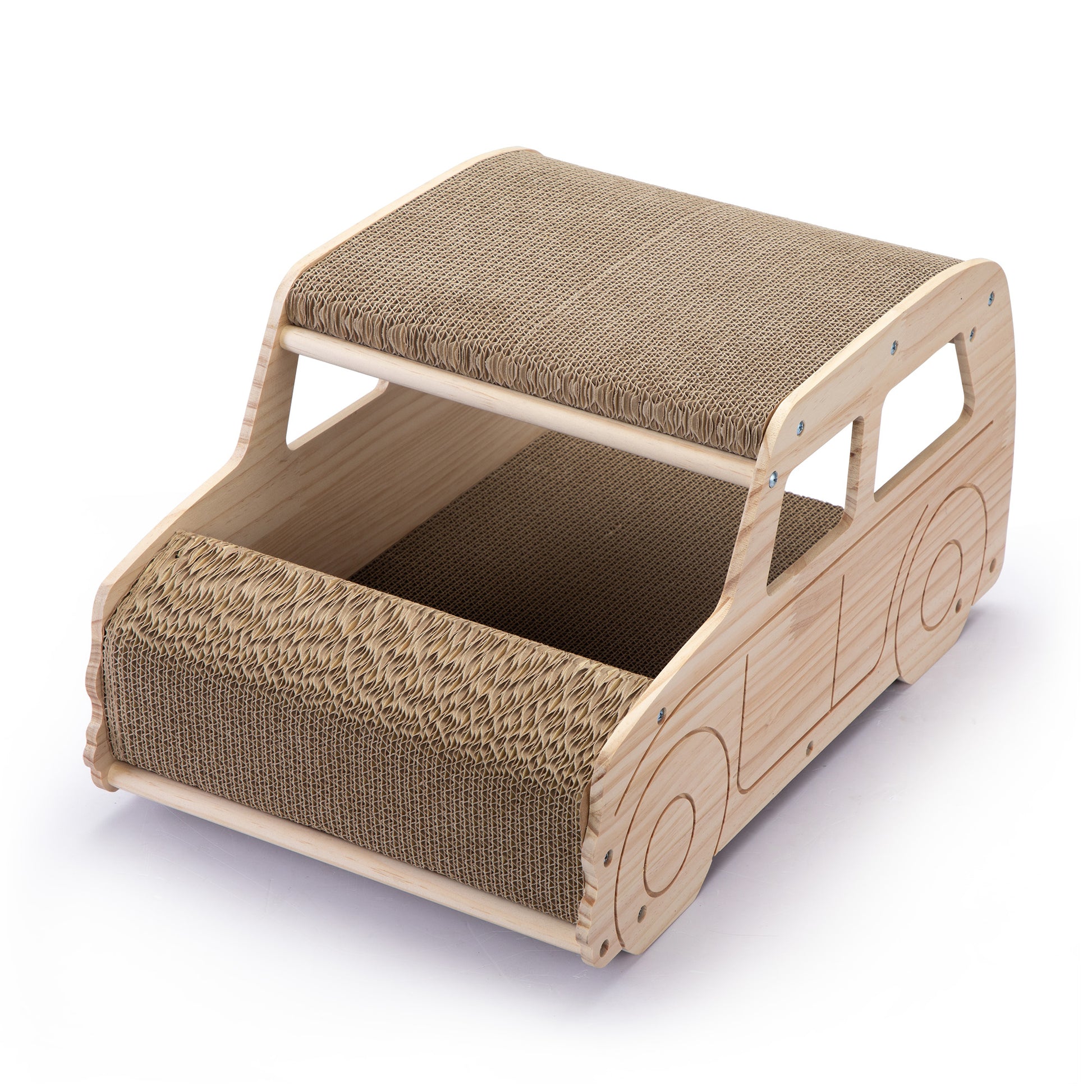 2 In 1 Wood Corrugate Cat Scratcher, Cardboard Cat House, Reversible Car Shaped Scratch Furniture Protector Natural Wood