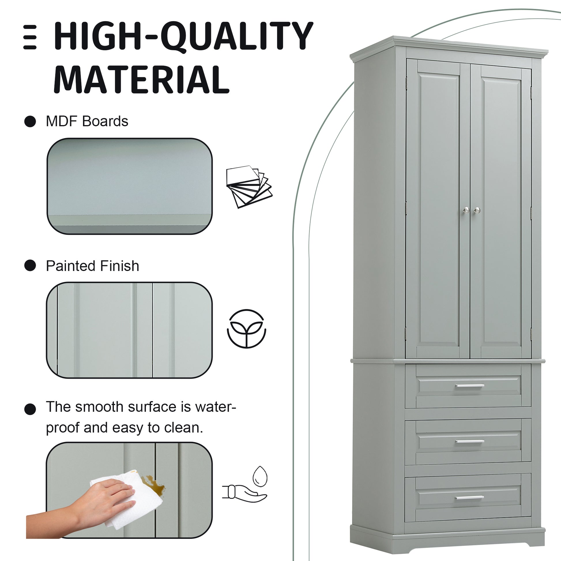 Tall Storage Cabinet With Three Drawers For Bathroom Office, Grey Grey Mdf