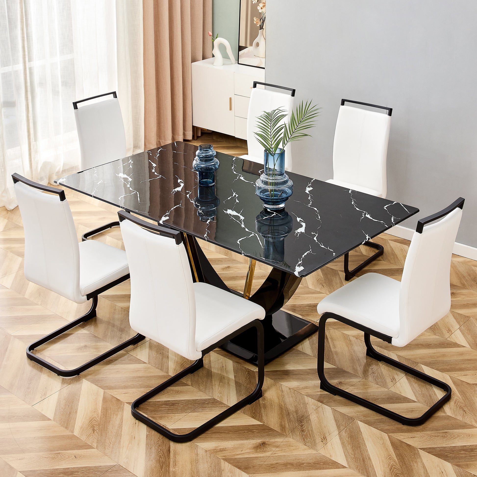 Modern Minimalist And Luxurious Black Imitation Marble Texture Dining Table Rectangular Office Desk.Game Desk .Desk.For Dining Room, Living Room, Terrace, Kitchen F 907 Black Mdf Glass
