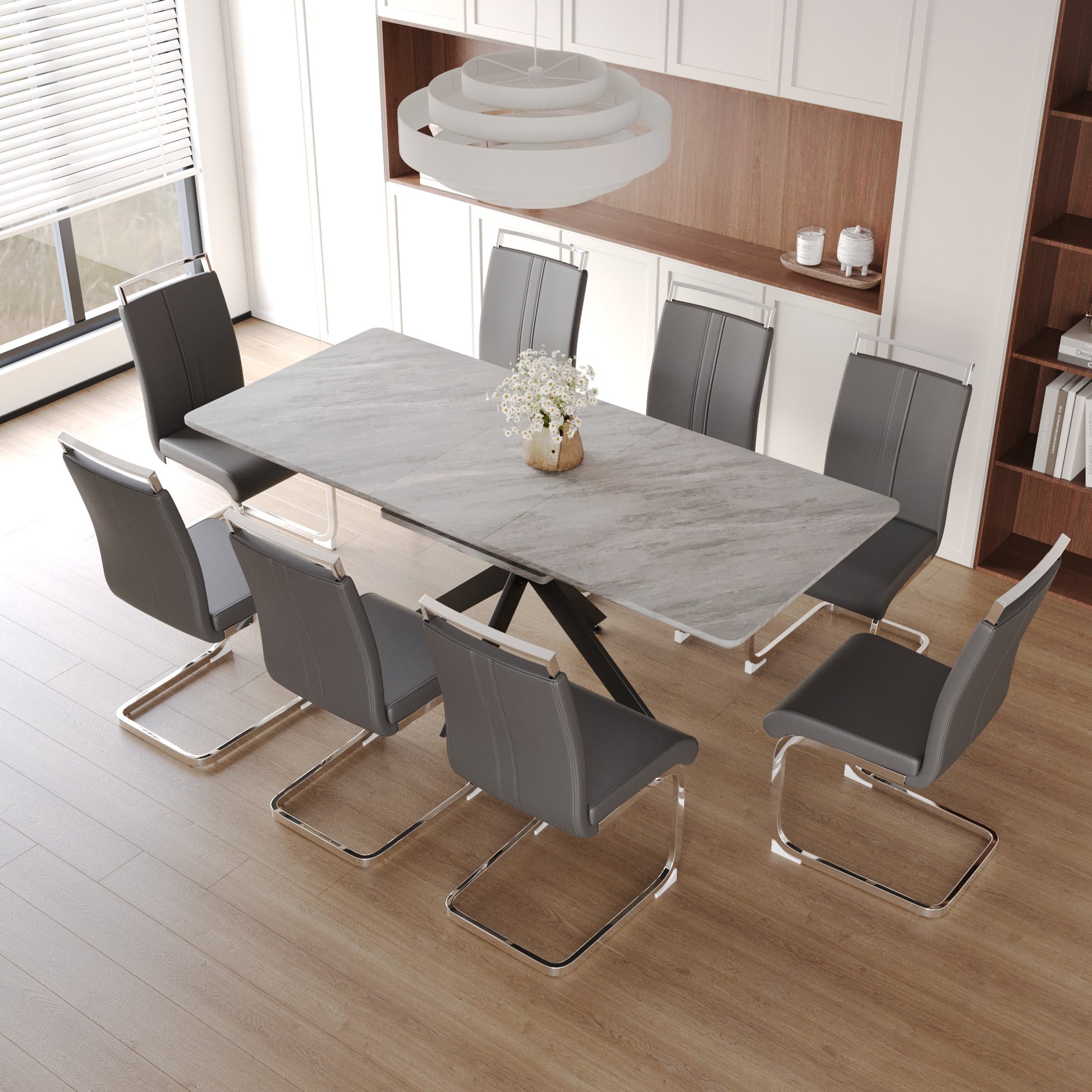 62.4" Extendable 78.15" Dining Table Set For 6 8 Person For Dining Room,C Shaped Tube Soft Padded Armless Dining Chair And Very Large Dining Room Table Kitchen Table Chair Set With Metal Legs Grey