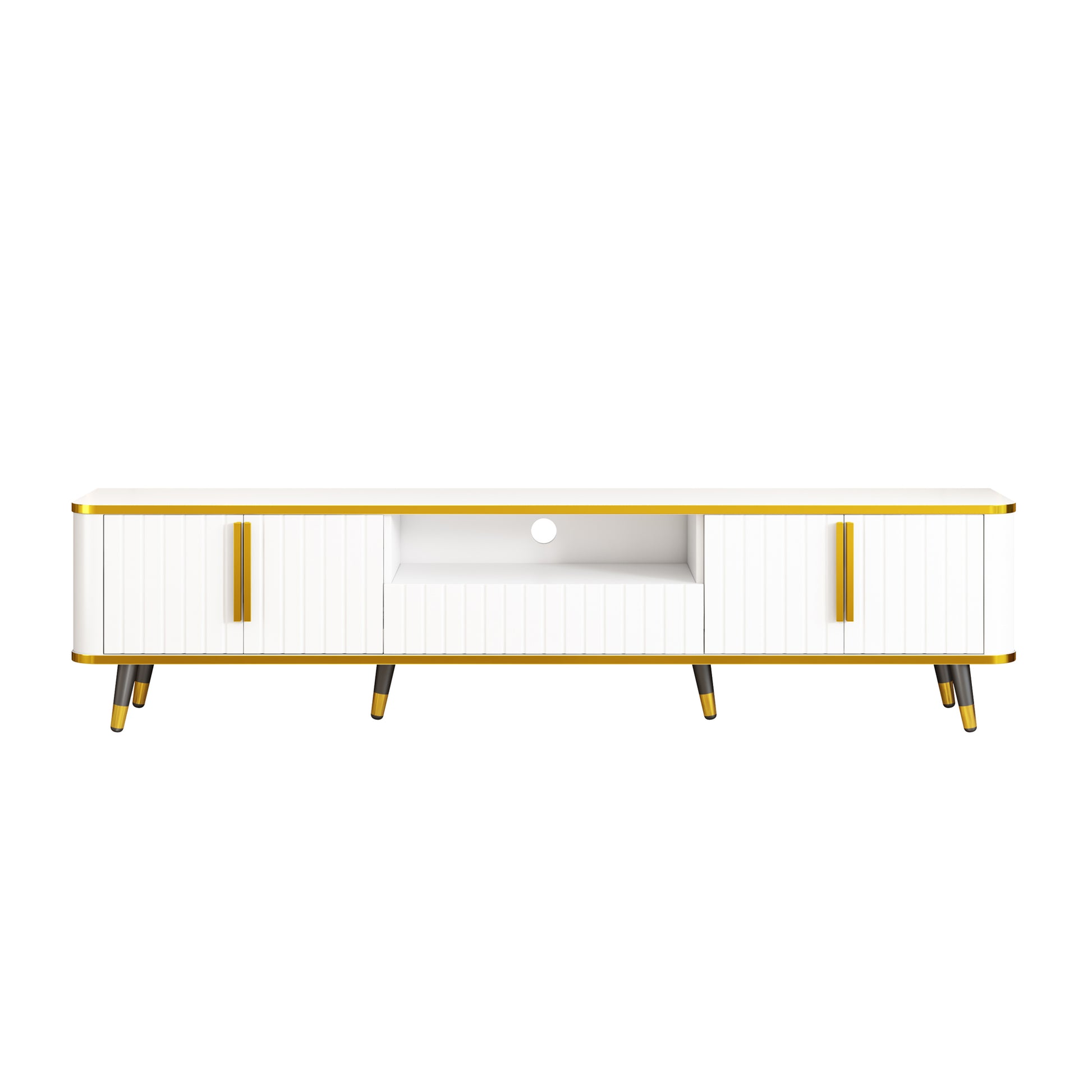 Luxury Minimalism Tv Stand With Open Storage Shelf For Tvs Up To 85", Entertainment Center With Cabinets And Drawers, Practical Media Console With Unique Legs For Living Room, White White Gold Primary Living Space 80 89 Inches 80 89 Inches 85 Inches