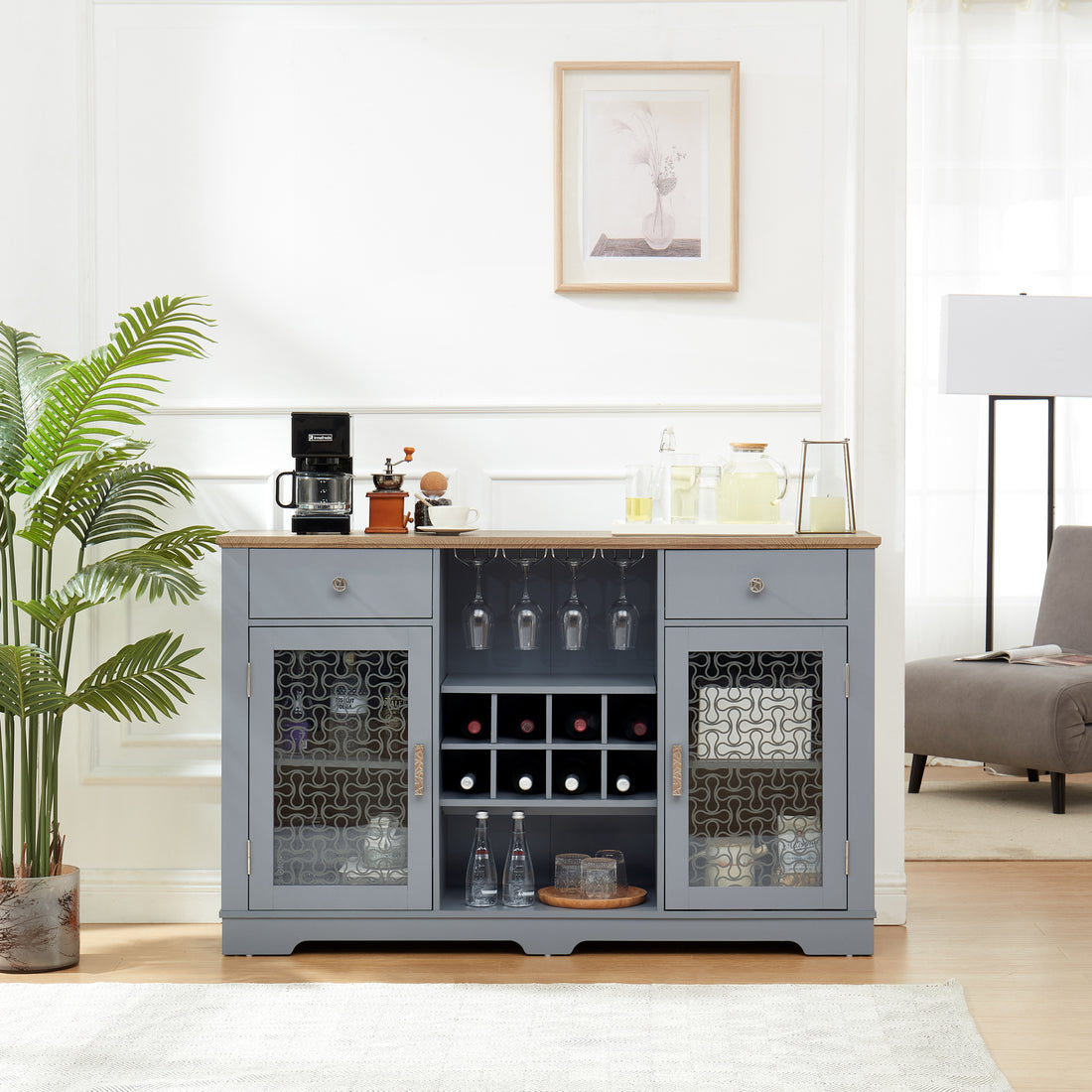 Modern Farmhouse Buffet Cabinet, Sideboard With 2 Drawers And Elegant Glass Door Cabinets, Wine And Glass Rack, Coffee Bar For Kitchen, Dining Room, Light Blue And Light Oak, 56.46"W*15.55"D*35.74"H Light Blue Mdf