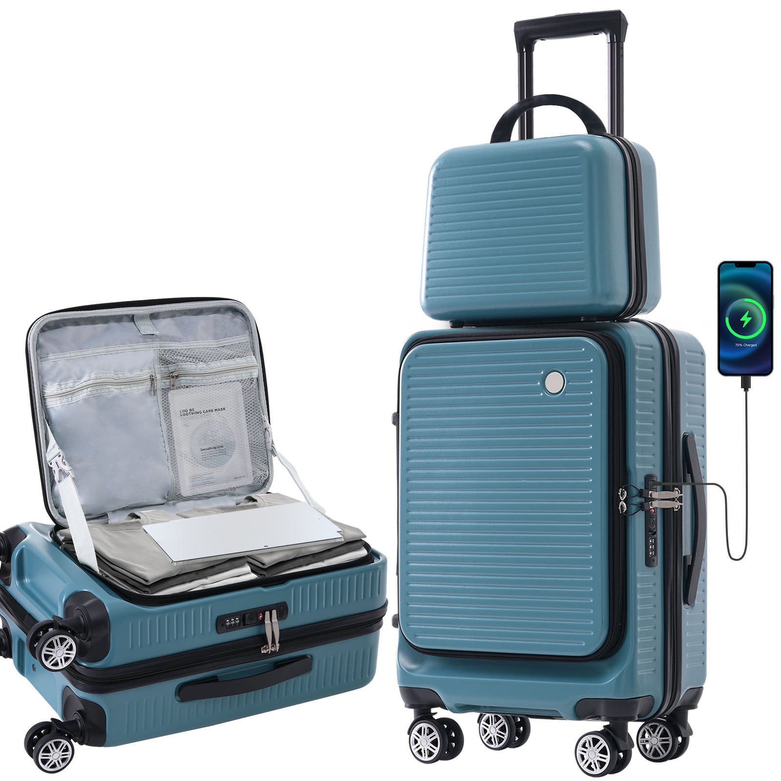 Carry on Luggage 20 Inch Front Open Luggage blue-abs