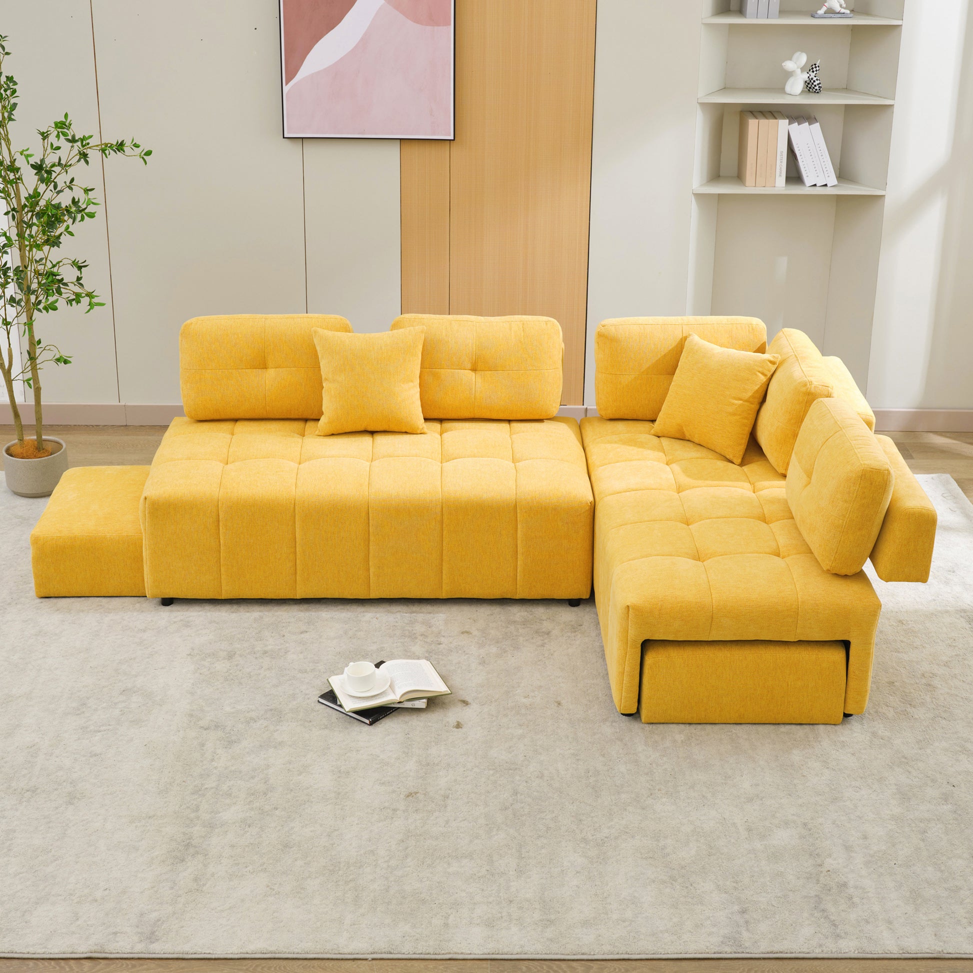 91.73" L Shaped Sofa Sectional Sofa Couch With 2 Stools And 2 Lumbar Pillows For Living Room, Yellow Yellow Chenille