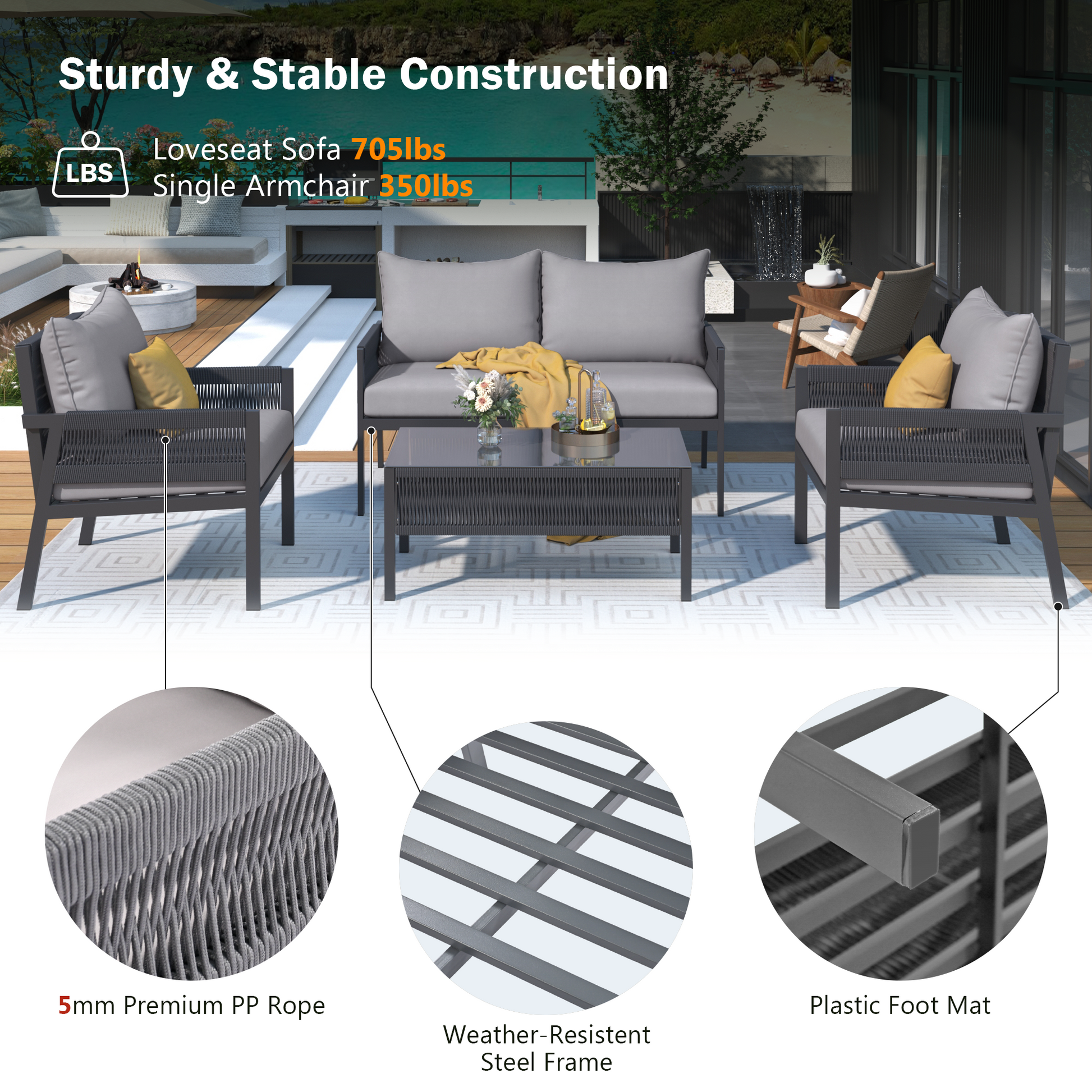 K&K 4 Piece Rope Patio Furniture Set, Outdoor Furniture With Tempered Glass Table, Patio Conversation Set Deep Seating With Thick Cushion For Backyard Porch Balcony Grey Yes Complete Patio Set Grey Weather Resistant Frame Fade Resistant Cushion Garden &