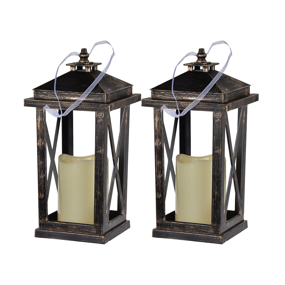 Set Of 2 Menifee Lantern With Led Candle, Tall 5X5X11" Antique Black Antique,Contemporary,Modern Plastic