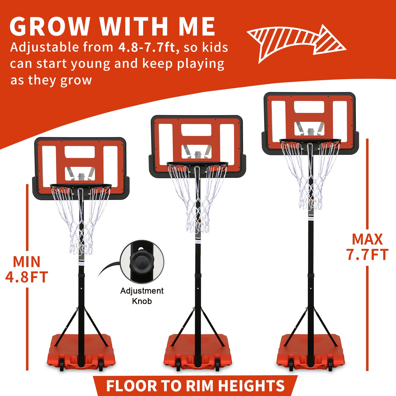 Use For Outdoor Height Adjustable 4.8 To 7.7Ft Basketball Hoop 44 Inch Backboard Portable Basketball Goal System With Stable Base And Wheels Balls Sports Transparent Garden & Outdoor Sporty Iron