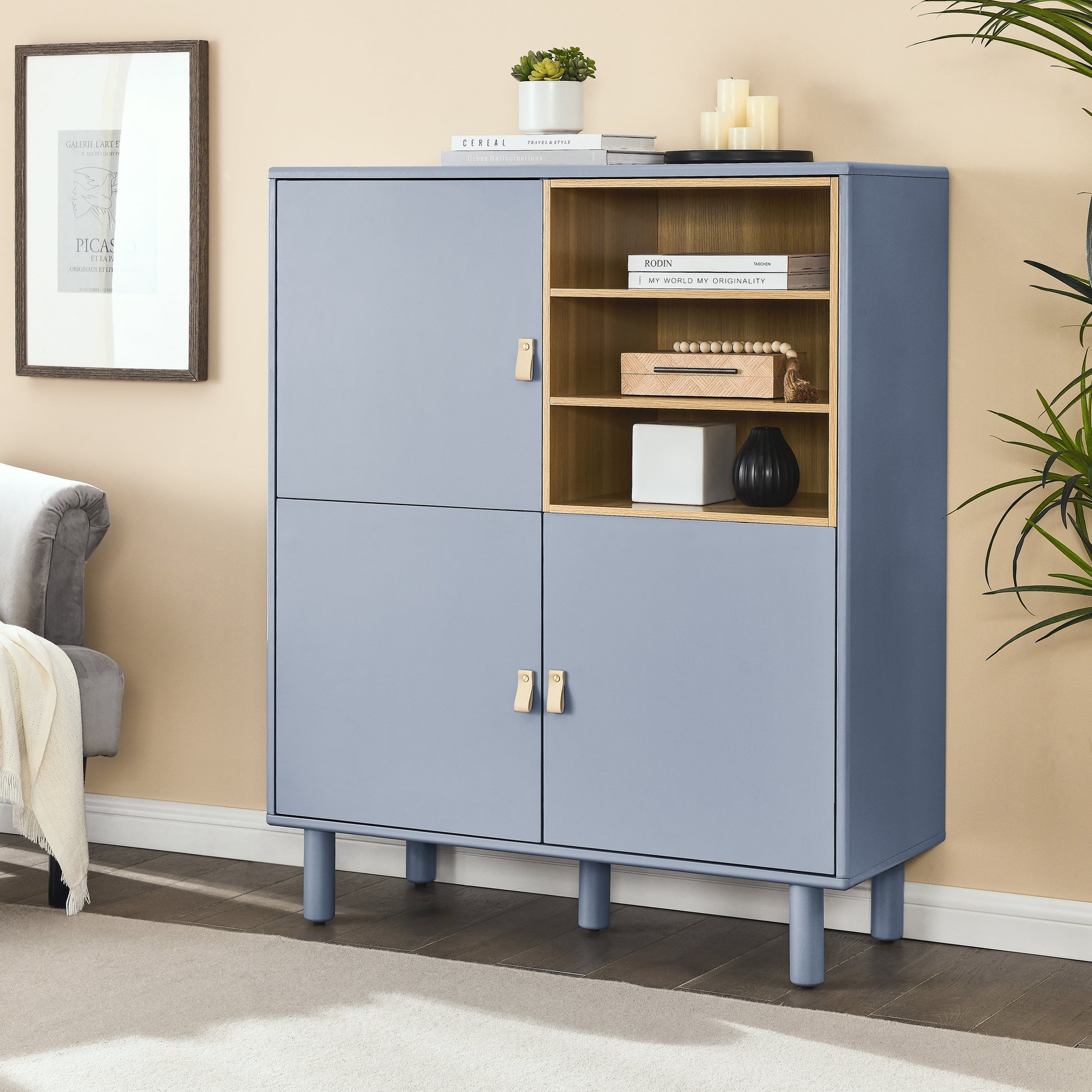 Storage Cabinet With Door, Multifunctional Storage Cabinet, Modern Sideboard Cabinet, Wooden Storage Cabinet, Leather Handle Drawer Cabinet, Home Storage Cabinet, Office Cabinet Blue Solid Wood Mdf