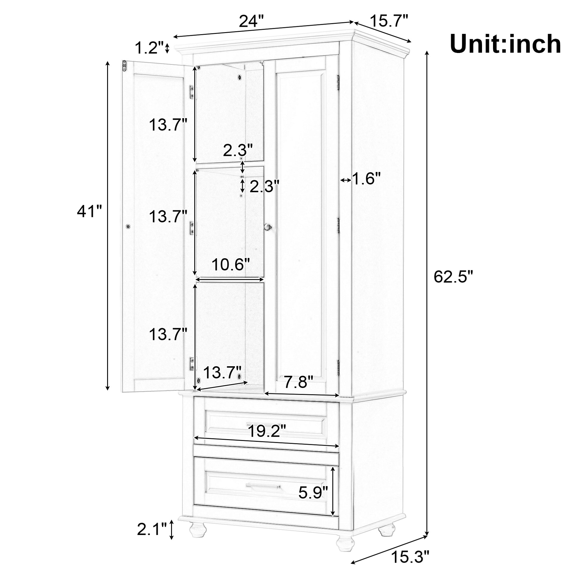 Tall Storage Cabinet With Two Drawers For Bathroom Office, Grey Grey Mdf