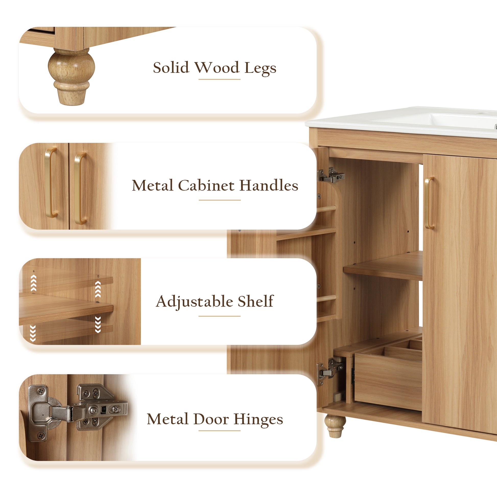 30" Bathroom Vanity With Sink Combo, Multi Functional Bathroom Cabinet With Doors And Drawer, Mdf Board, Natural Natural Solid Wood Mdf