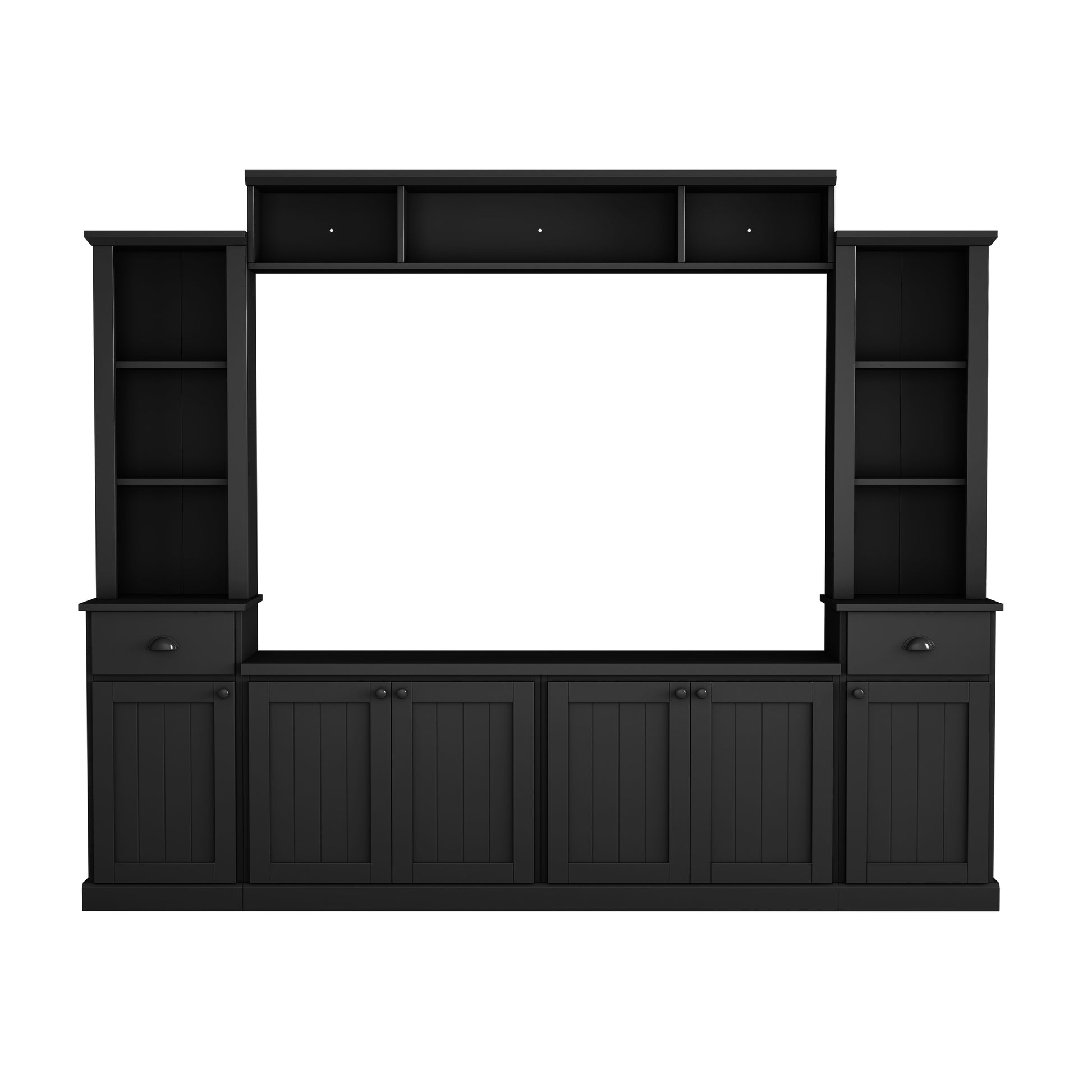 Minimalist Entertainment Wall Unit Set With Bridge For Tvs Up To 75'', Large Storage Space Tv Stand With Adjustable Shelves, Modernist Large Media Console For Living Room, Black Black Primary Living Space 70 79 Inches 70 79 Inches 75 Inches Particle