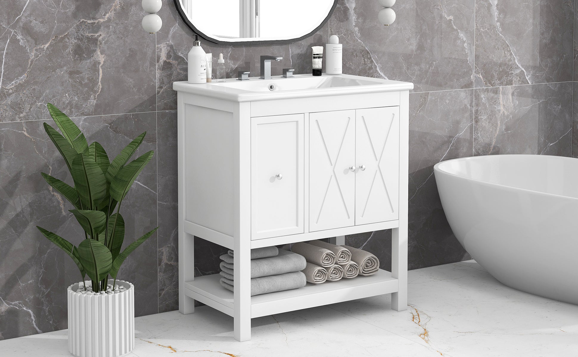 30" Bathroom Vanity With Sink Top, Bathroom Vanity Cabinet With Two Doors And One Drawer, Mdf Boards, Solid Wood, One Package, White White Solid Wood Mdf