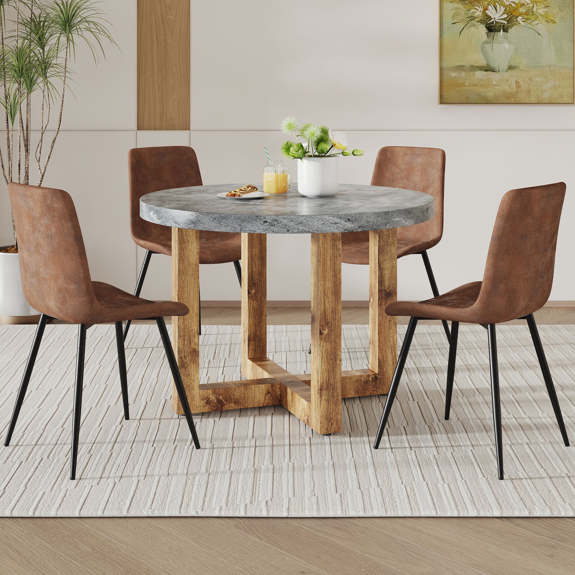 A Modern And Practical Circular Dining Table. Made Of Mdf Tabletop And Wooden Mdf Table Legs.A Set Of 4 Brown Cushioned Chairs In A Modern Medieval Style Restaurant. Ct 403B0502A Natural Wood Mdf