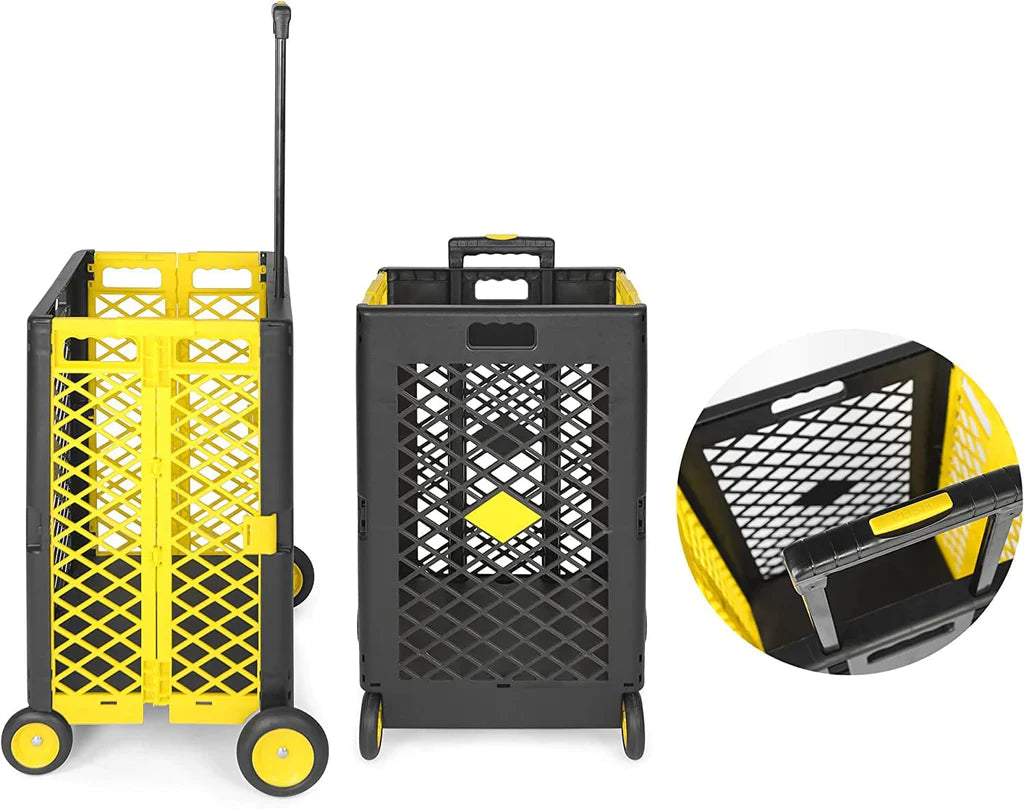 55L Foldable Rolling Cart With Wheels, Portable Updated Utility Tools Rolling Crate W Telescopic Handle, Yellow Yellow Polypropylene