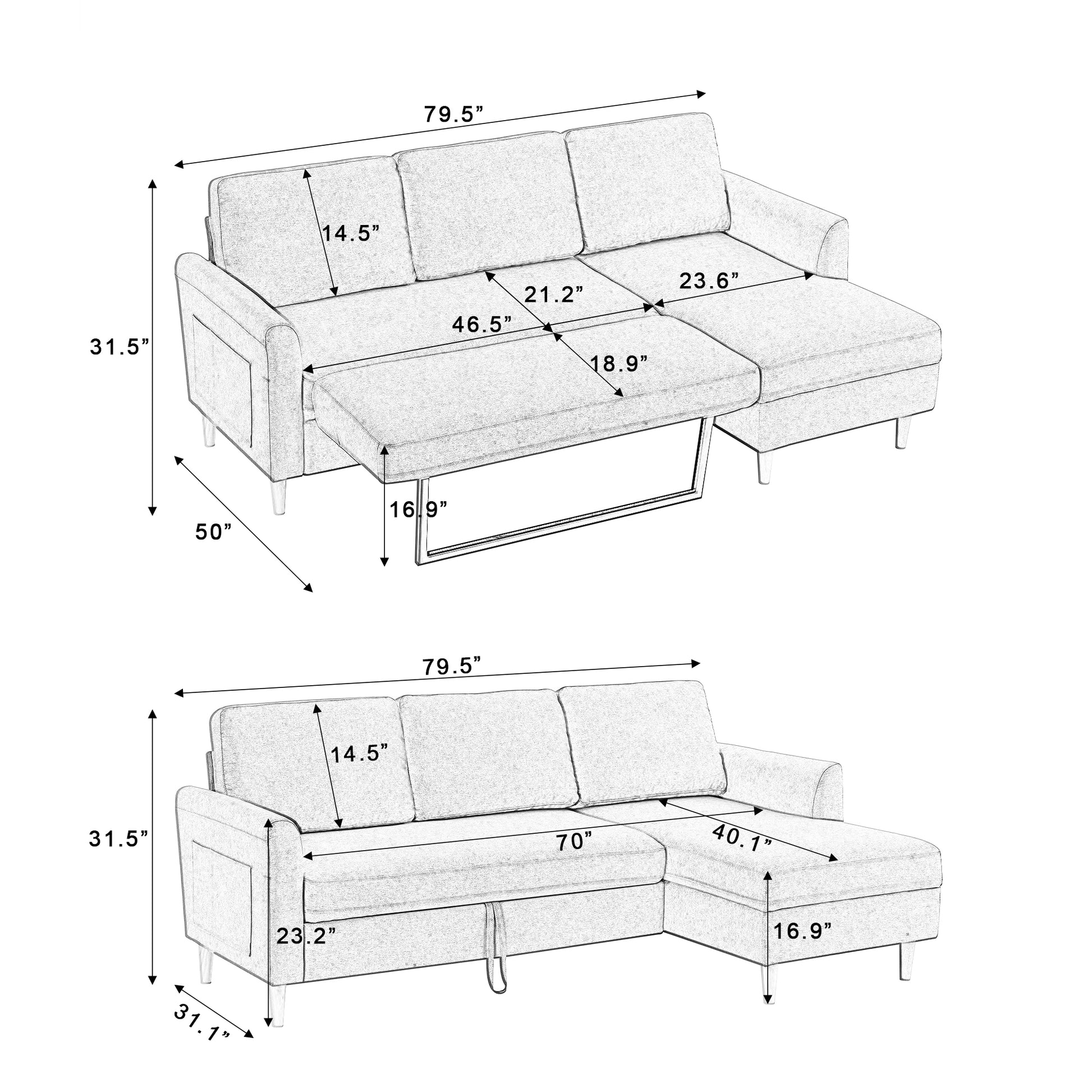 Adjustable L Shaped Sofa Bed With Chaise Light Grey, Upholstered Fabric Sleeper Sectional Sofa With Chaise Modern Craftsman Fashion Sofa Set, Apartment Living Room Sofa With For Small Space Light Gray Fabric