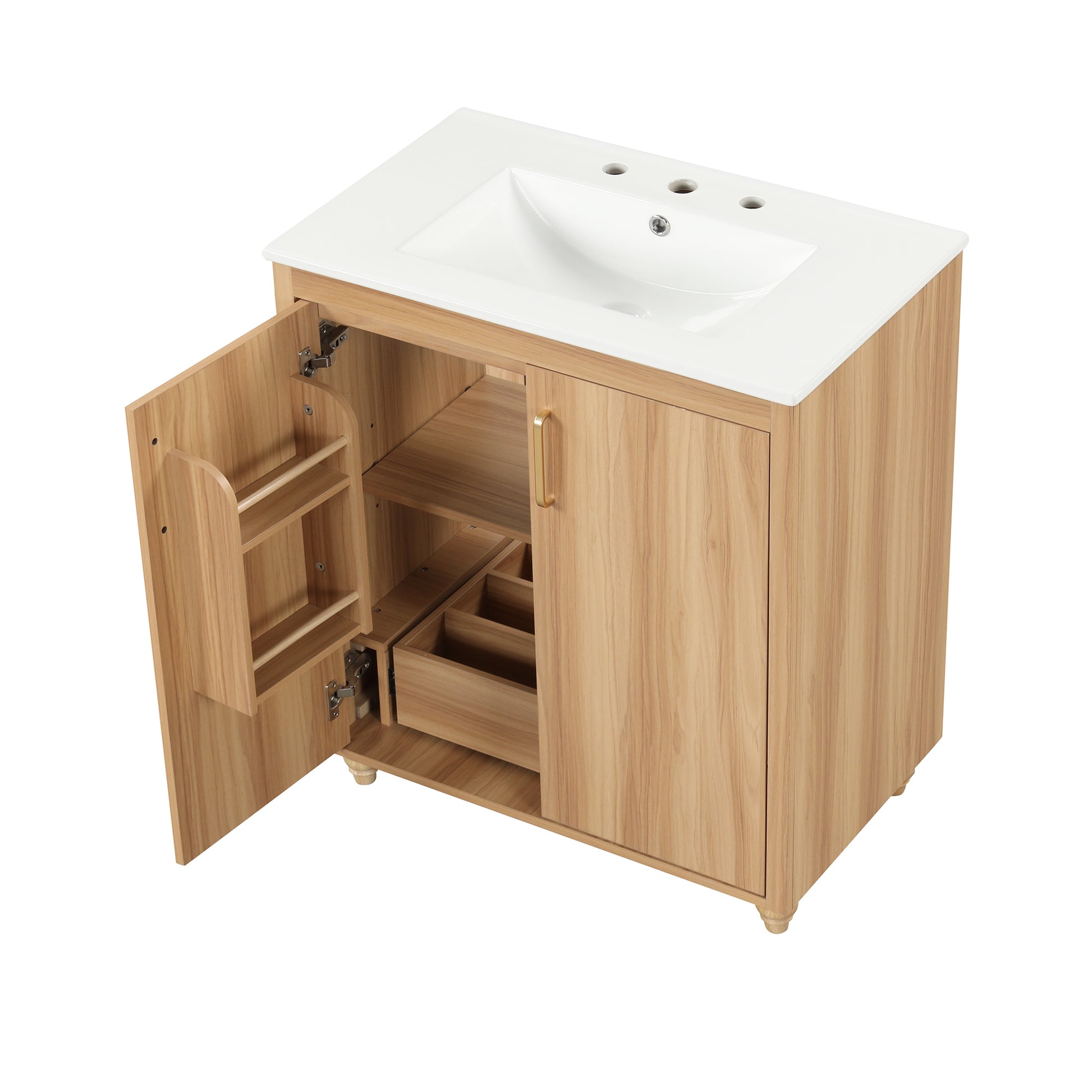 30" Bathroom Vanity With Sink Combo, Multi Functional Bathroom Cabinet With Doors And Drawer, Mdf Board, Natural Natural Solid Wood Mdf