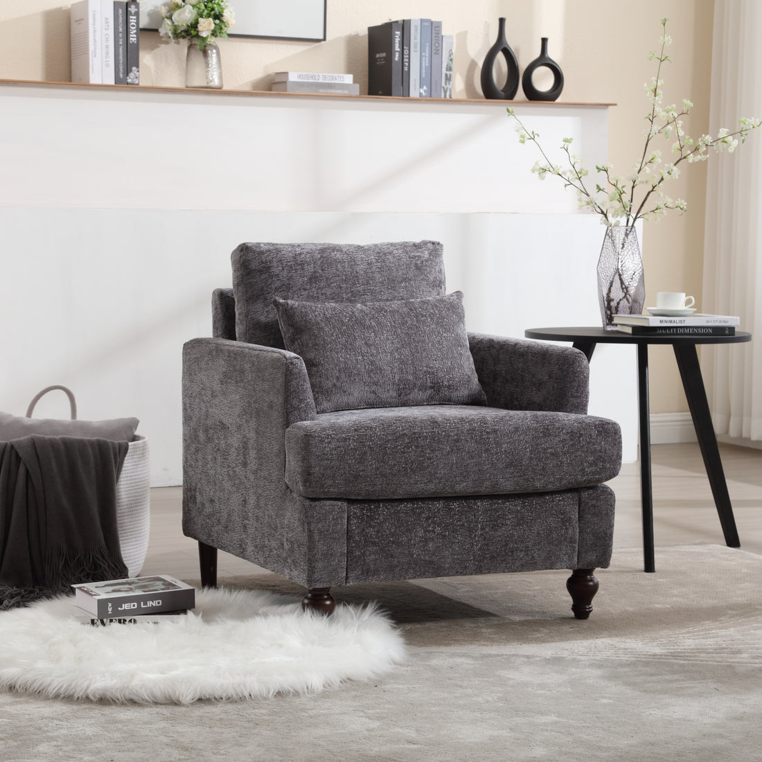 Coolmore Wood Frame Armchair, Modern Accent Chair Lounge Chair For Living Room,Tufted Club Chair, Mid Century Modern Arm Chairs With Studded, Solid Wood Frame, For Bedroom, Reading Gray Chenille Gray Chenille 1 Seat