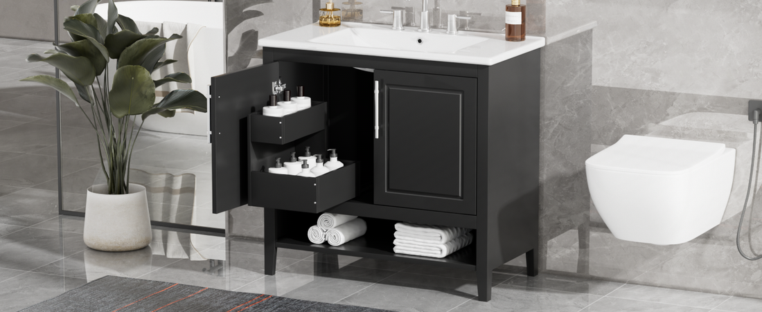 36" Bathroom Vanity With Sink, Multi Functional Bathroom Cabinet With Doors And Drawers, Mdf Frame And Mdf Board, Black Black Solid Wood Mdf