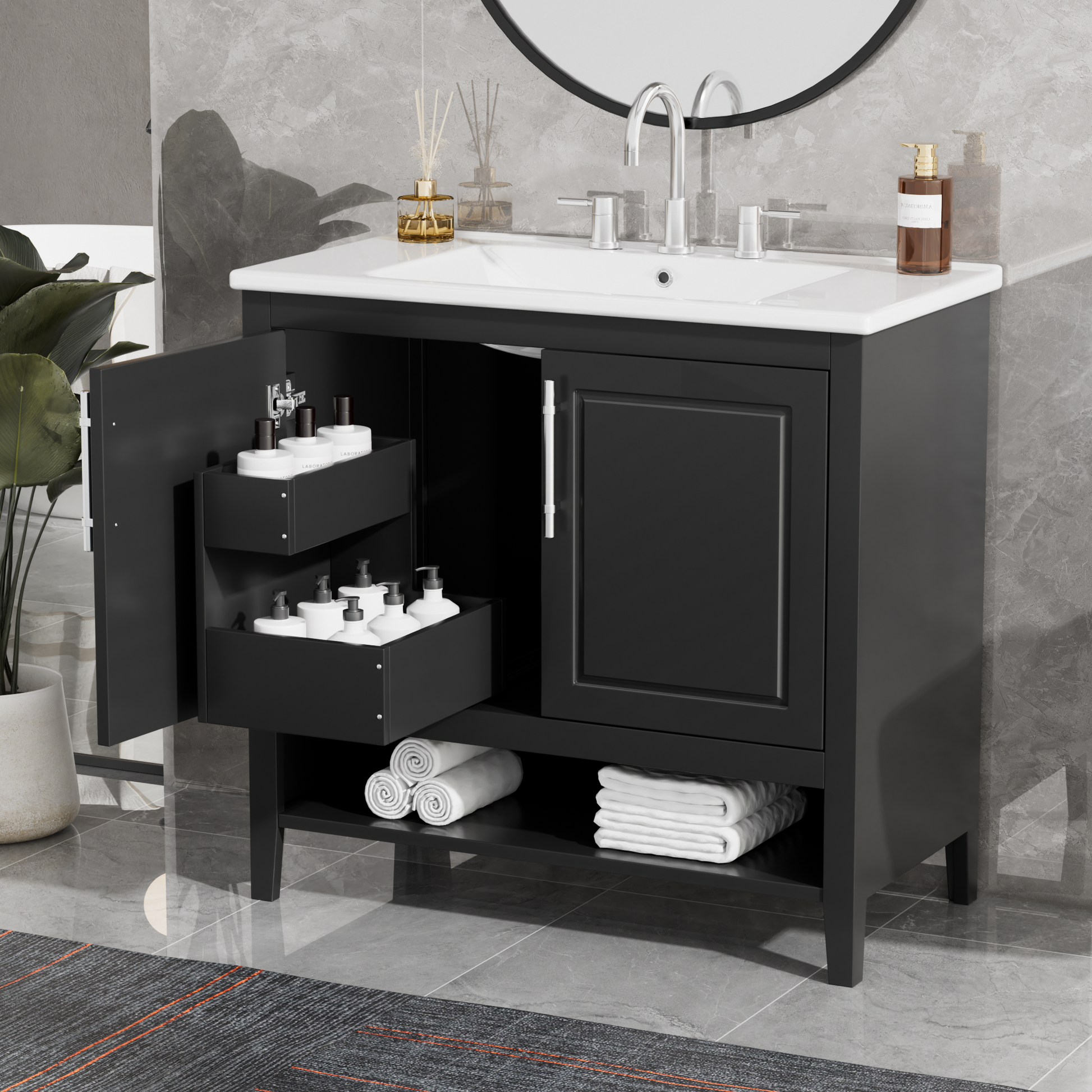 36" Bathroom Vanity With Sink, Multi Functional Bathroom Cabinet With Doors And Drawers, Mdf Frame And Mdf Board, Black Black Solid Wood Mdf