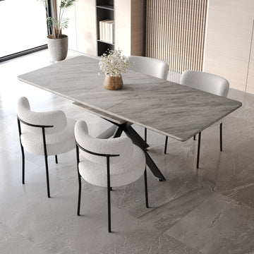 Extendable Dining Table Table Set For 4 8 Person For Dining Room,Curved Backrest Round Upholstered Soft Padded Armless Dining Chairs And Very Large Dining Room Table Kitchen Table Chair Set Grey White Mdf Metal