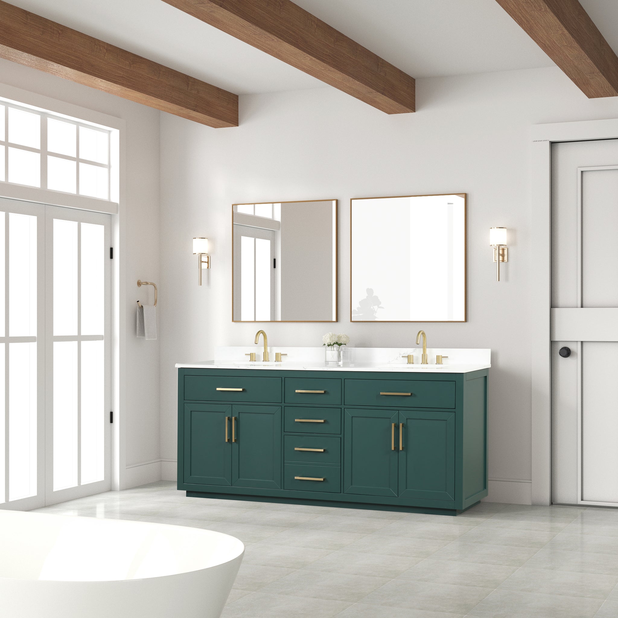 80" Bathroom Vanity With Double Sink, Freestanding Modern Bathroom Vanity With Soft Close Cabinet And 3 Drawers, Solid Wood Bathroom Storage Cabinet With Quartz Countertop, Green Green Bathroom Modern Solid Wood