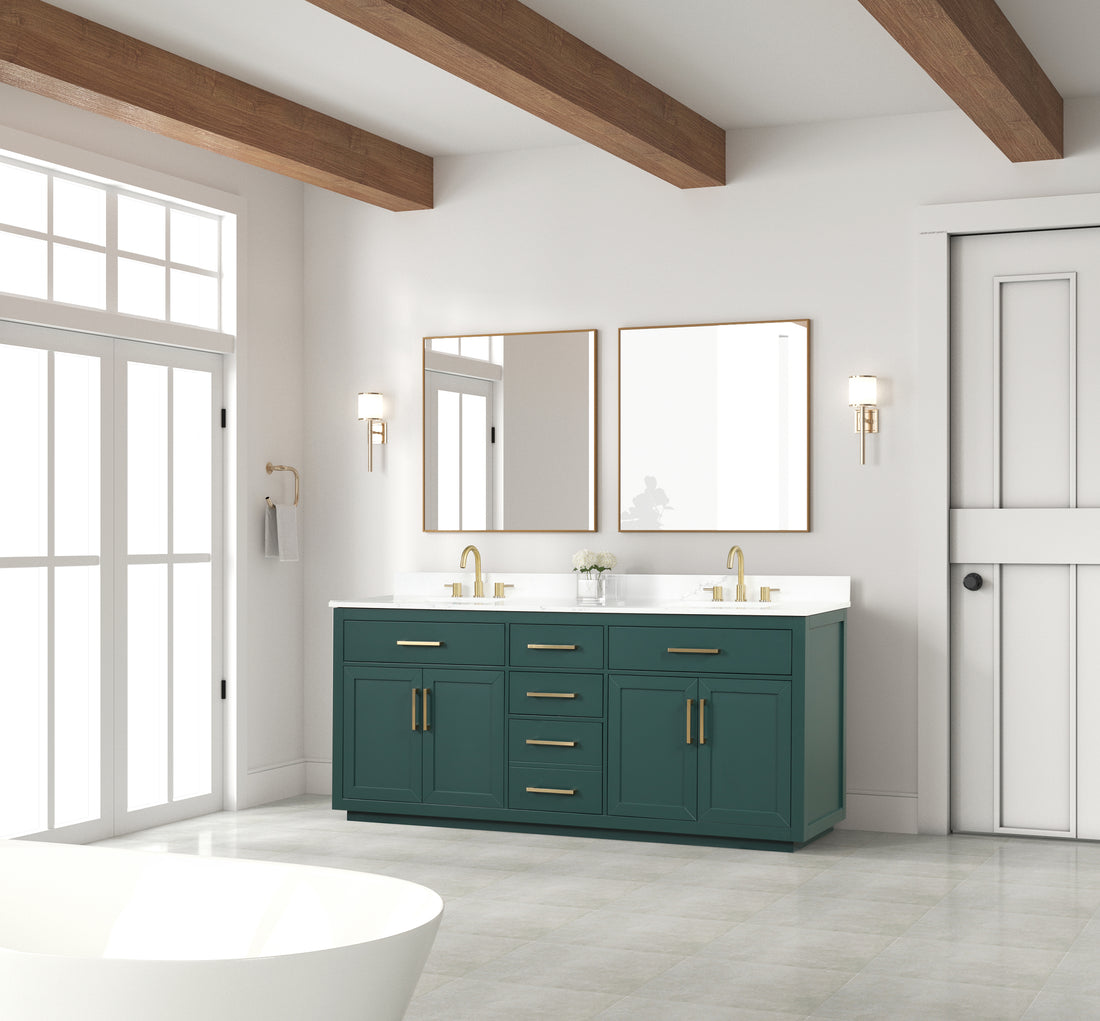 80" Bathroom Vanity With Double Sink, Freestanding Modern Bathroom Vanity With Soft Close Cabinet And 3 Drawers, Solid Wood Bathroom Storage Cabinet With Quartz Countertop, Green Green Bathroom Modern Solid Wood