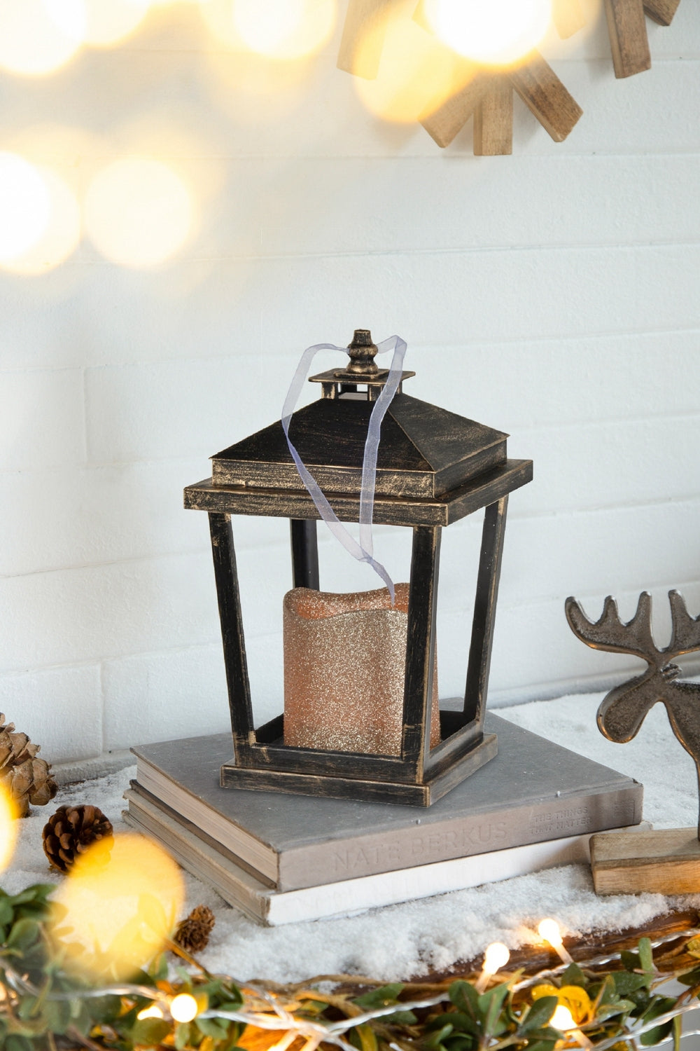Set of 2 Menifee Lantern with Led Candle, Short bronze-antique-contemporary-modern-plastic