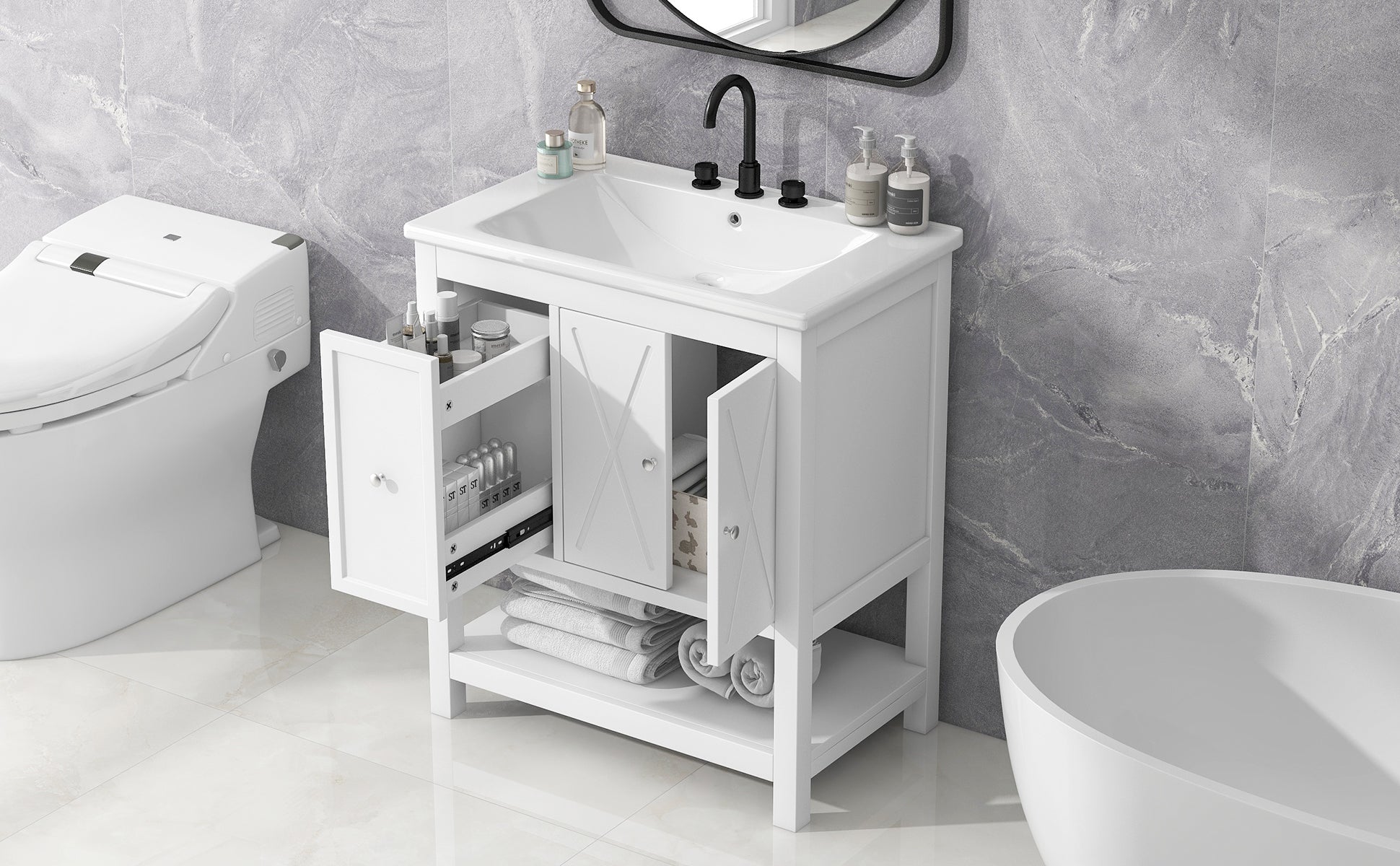 30" Bathroom Vanity With Sink Top, Bathroom Vanity Cabinet With Two Doors And One Drawer, Mdf Boards, Solid Wood, One Package, White White Solid Wood Mdf