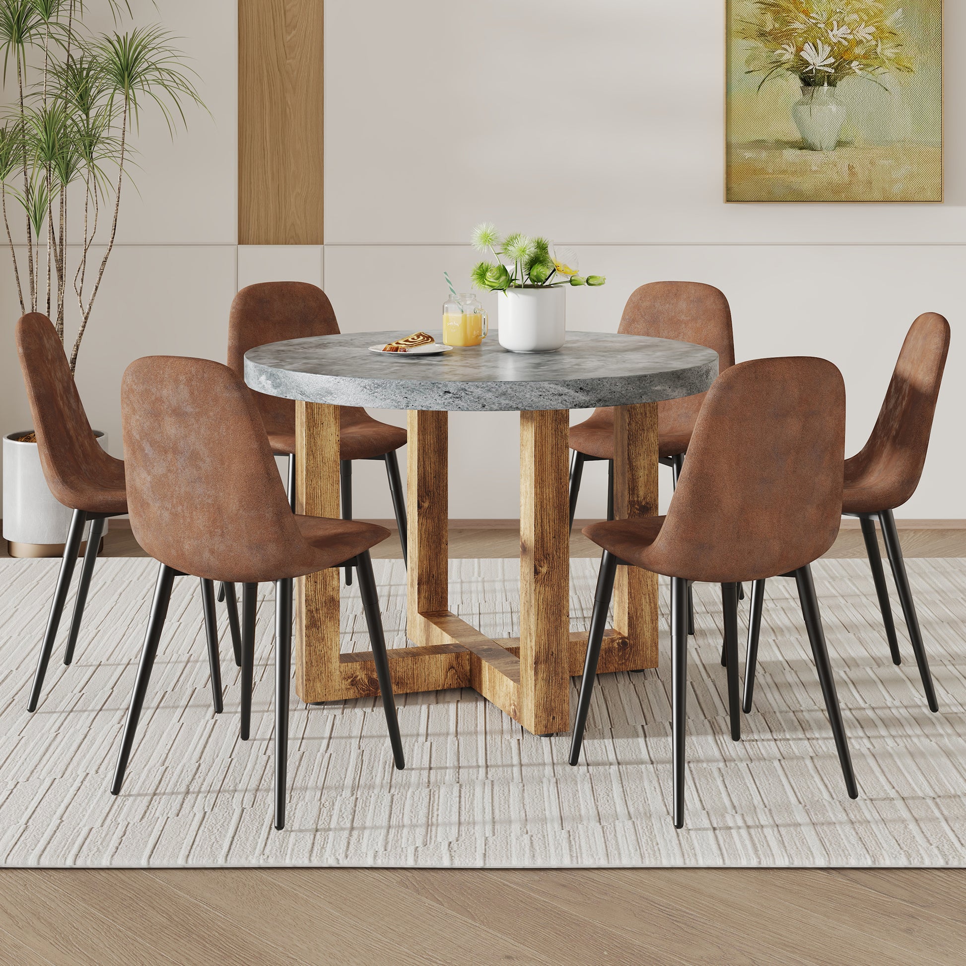 A Modern And Practical Circular Dining Table. Made Of Mdf Tabletop And Wooden Mdf Table Legs. A Set Of 6 Brown Cushioned Chairs.Ct 403B0501A Natural Wood Mdf