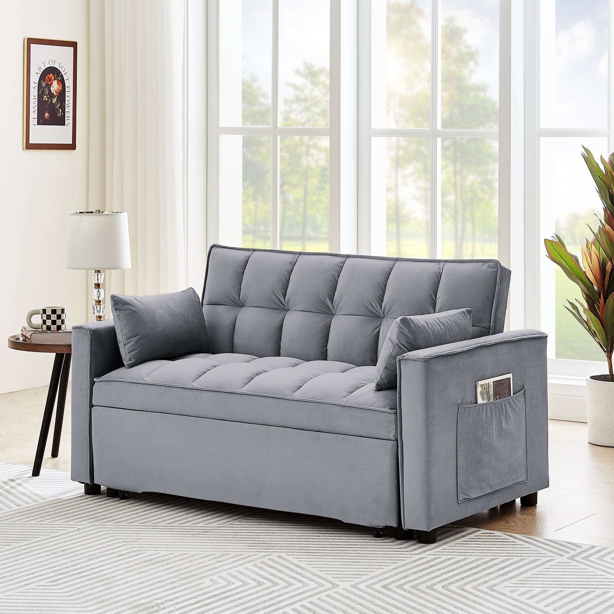 Sleeper Sofa Couch W Pull Out Bed, 55" Modern Velvet Convertible Sleeper Sofa Bed, Small Beautiful Seat Sofa Bed W Pillows & Side Pockets For Small Space, Living Room, Apartment,Dark Gray Gray Velvet