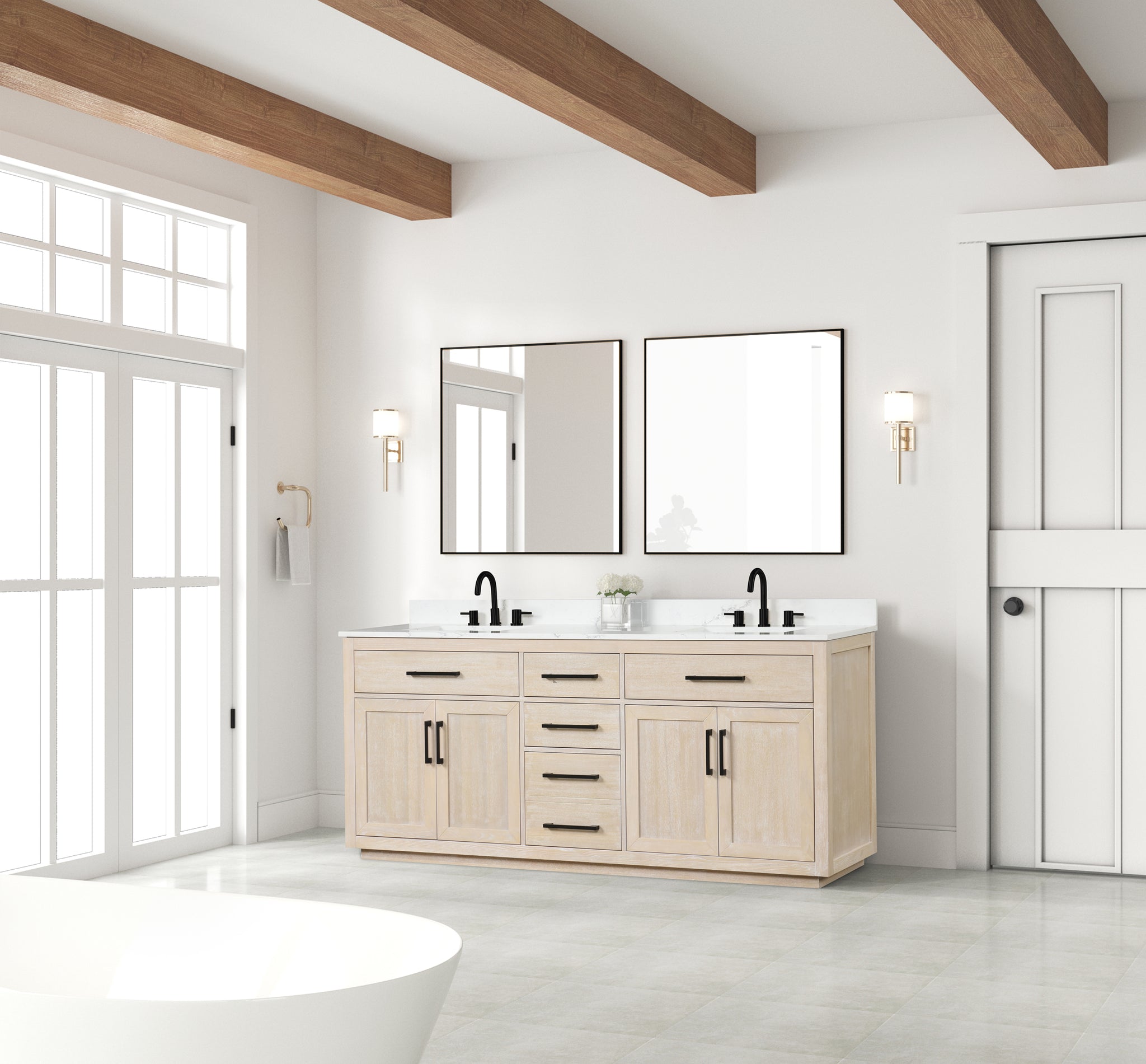 80" Bathroom Vanity with Double Sink, Freestanding light oak-bathroom-modern-solid wood