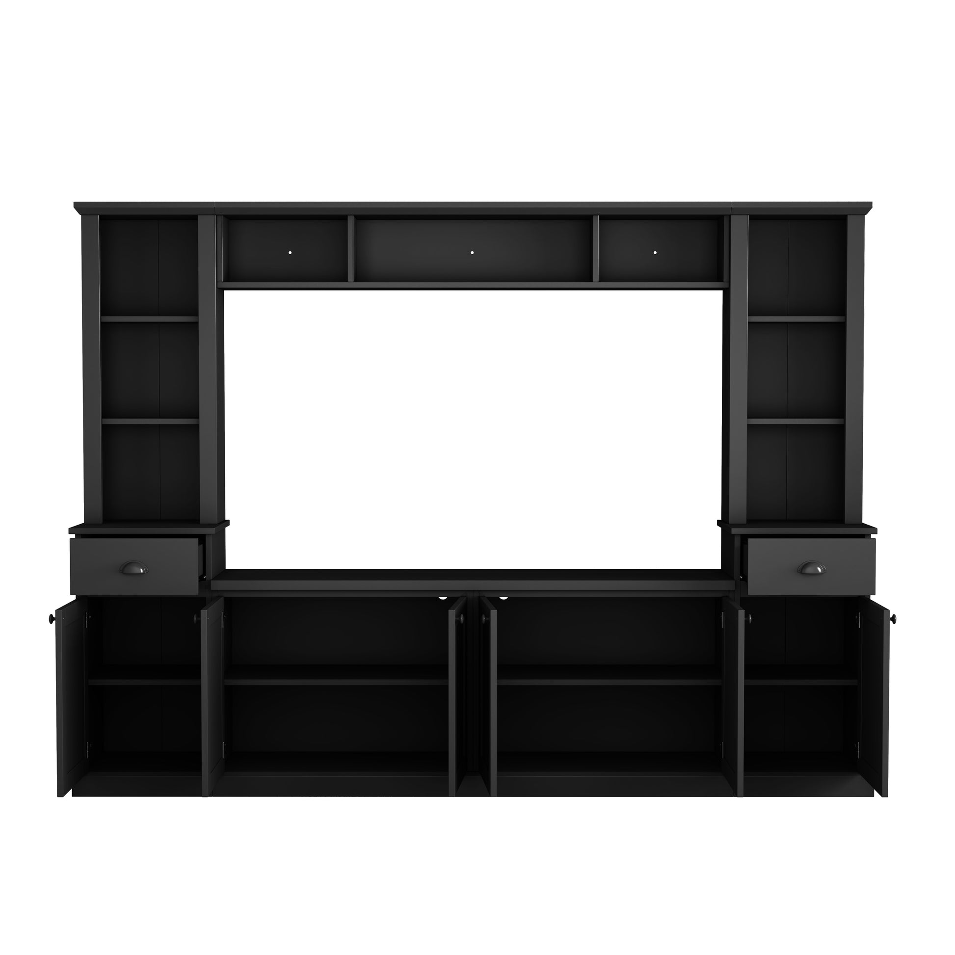 Minimalist Entertainment Wall Unit Set With Bridge For Tvs Up To 75'', Large Storage Space Tv Stand With Adjustable Shelves, Modernist Large Media Console For Living Room, Black Black Primary Living Space 70 79 Inches 70 79 Inches 75 Inches Particle