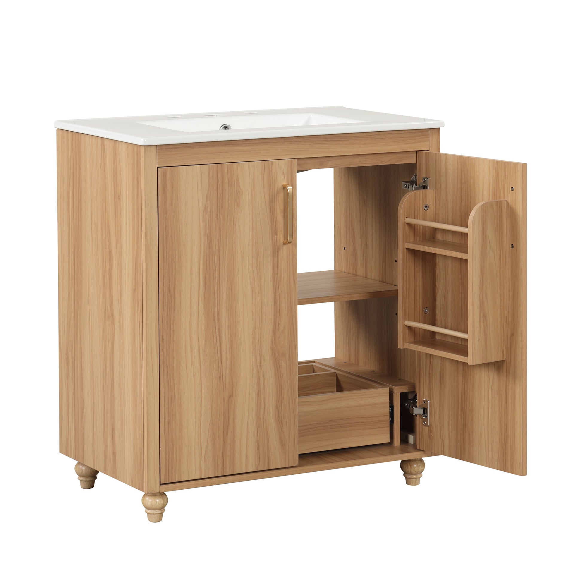 30" Bathroom Vanity With Sink Combo, Multi Functional Bathroom Cabinet With Doors And Drawer, Mdf Board, Natural Natural Solid Wood Mdf