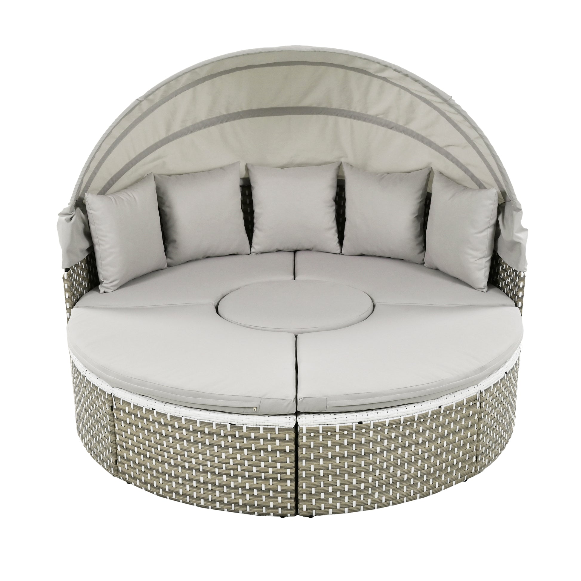 Patio Furniture Round Outdoor Sectional Sofa Set Rattan Daybed Two Tone Weave Sunbed With Retractable Canopy, Separate Seating And Removable Cushion, Gray Yes Sectional Gray Weather Resistant Frame Water Resistant Cushion Garden & Outdoor Luxury