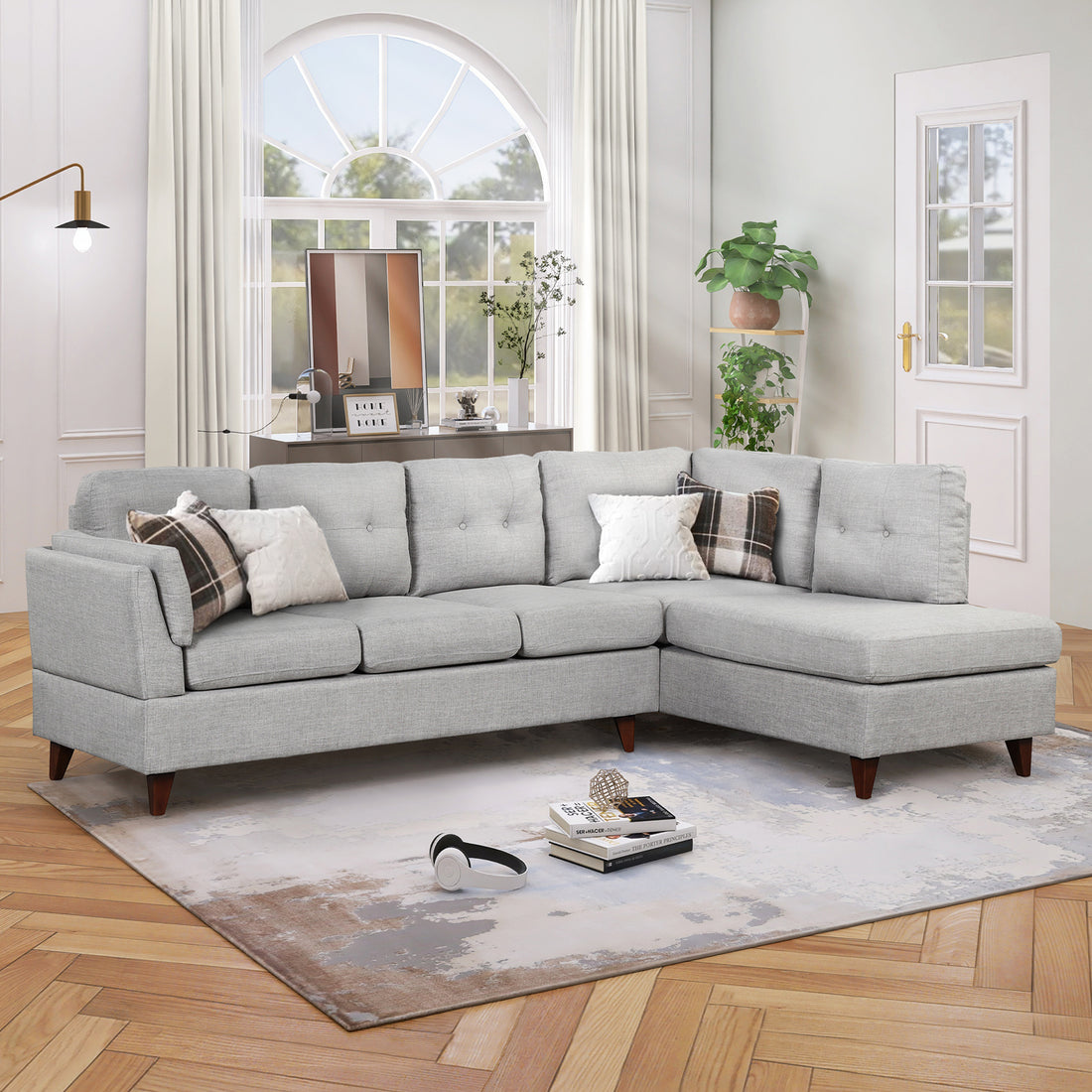 97.2" Modern Linen Fabric Sofa, L Shape Couch With Chaise Lounge,Sectional Sofa With One Lumbar Pad,Gray Gray Foam Linen 4 Seat