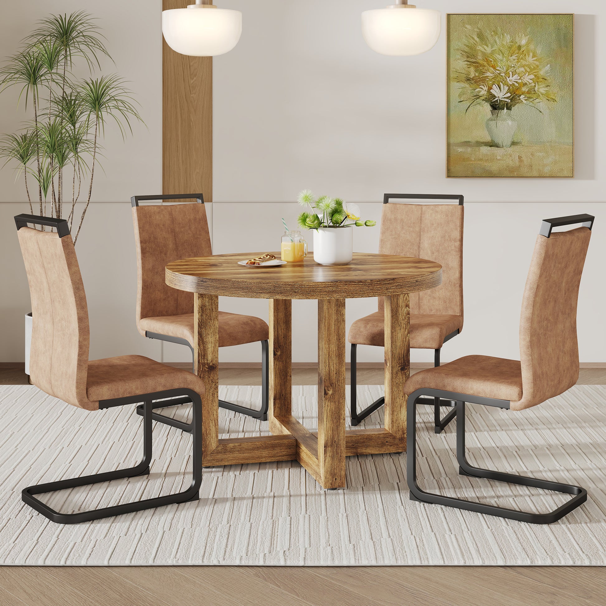 A Modern And Practical Circular Dining Table. Made Of Mdf Tabletop And Wooden Mdf Table Legs. 4 Piece Technology Cloth High Backrest Cushion Side Chair, C Shaped Tube Black Metal Legs. Ct 403C 1162 Natural Wood Mdf