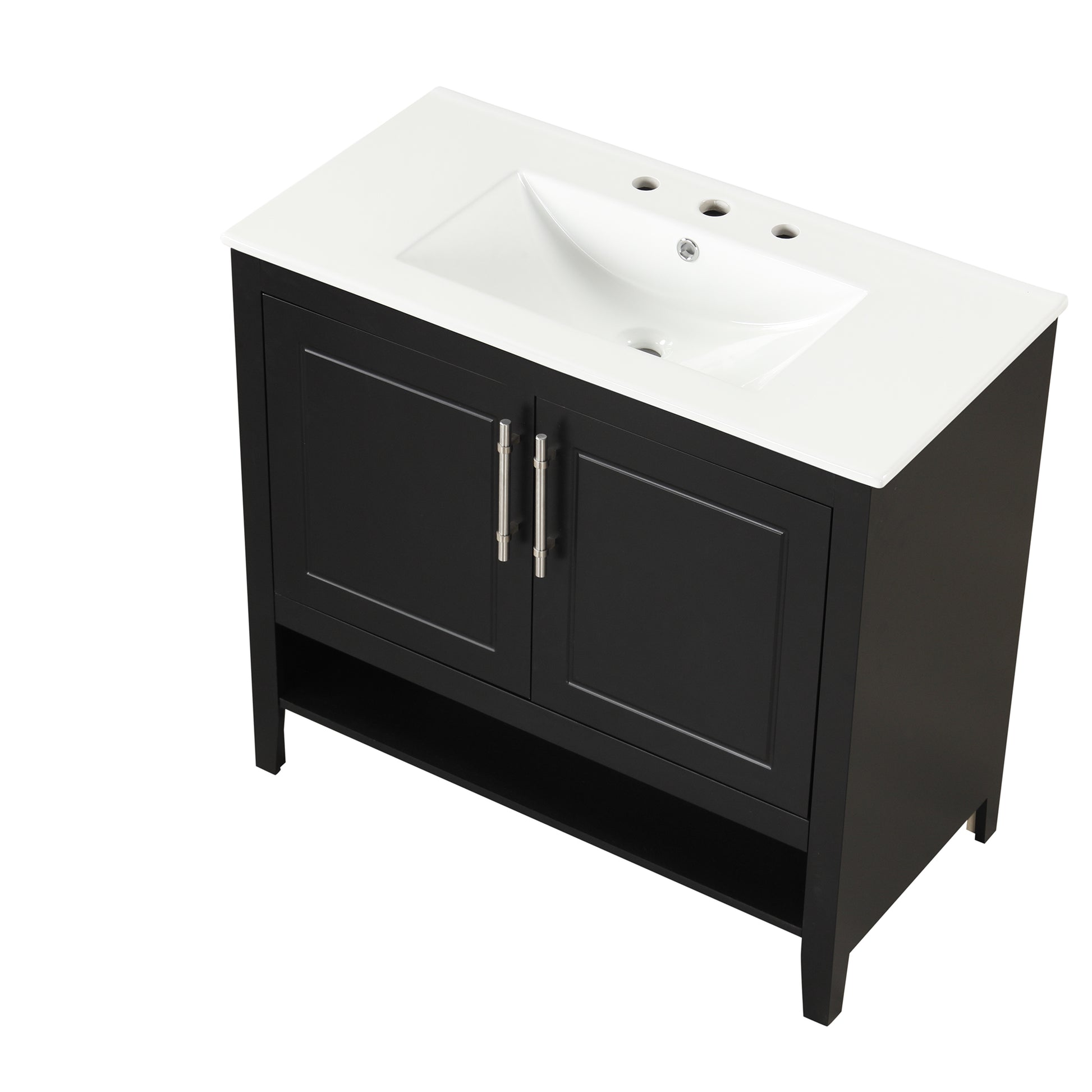 36" Bathroom Vanity With Sink, Multi Functional Bathroom Cabinet With Doors And Drawers, Mdf Frame And Mdf Board, Black Black Solid Wood Mdf