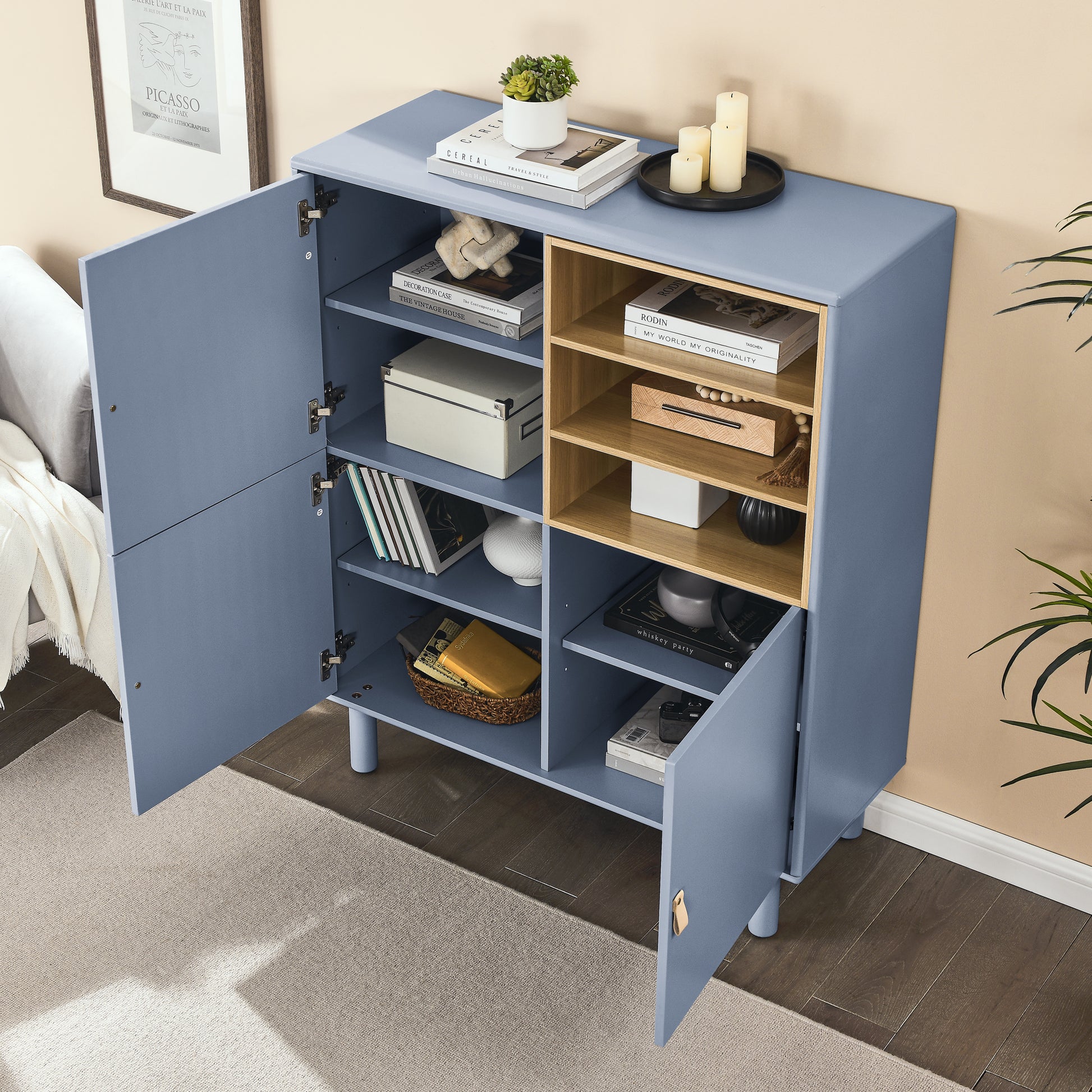 Storage Cabinet With Door, Multifunctional Storage Cabinet, Modern Sideboard Cabinet, Wooden Storage Cabinet, Leather Handle Drawer Cabinet, Home Storage Cabinet, Office Cabinet Blue Solid Wood Mdf