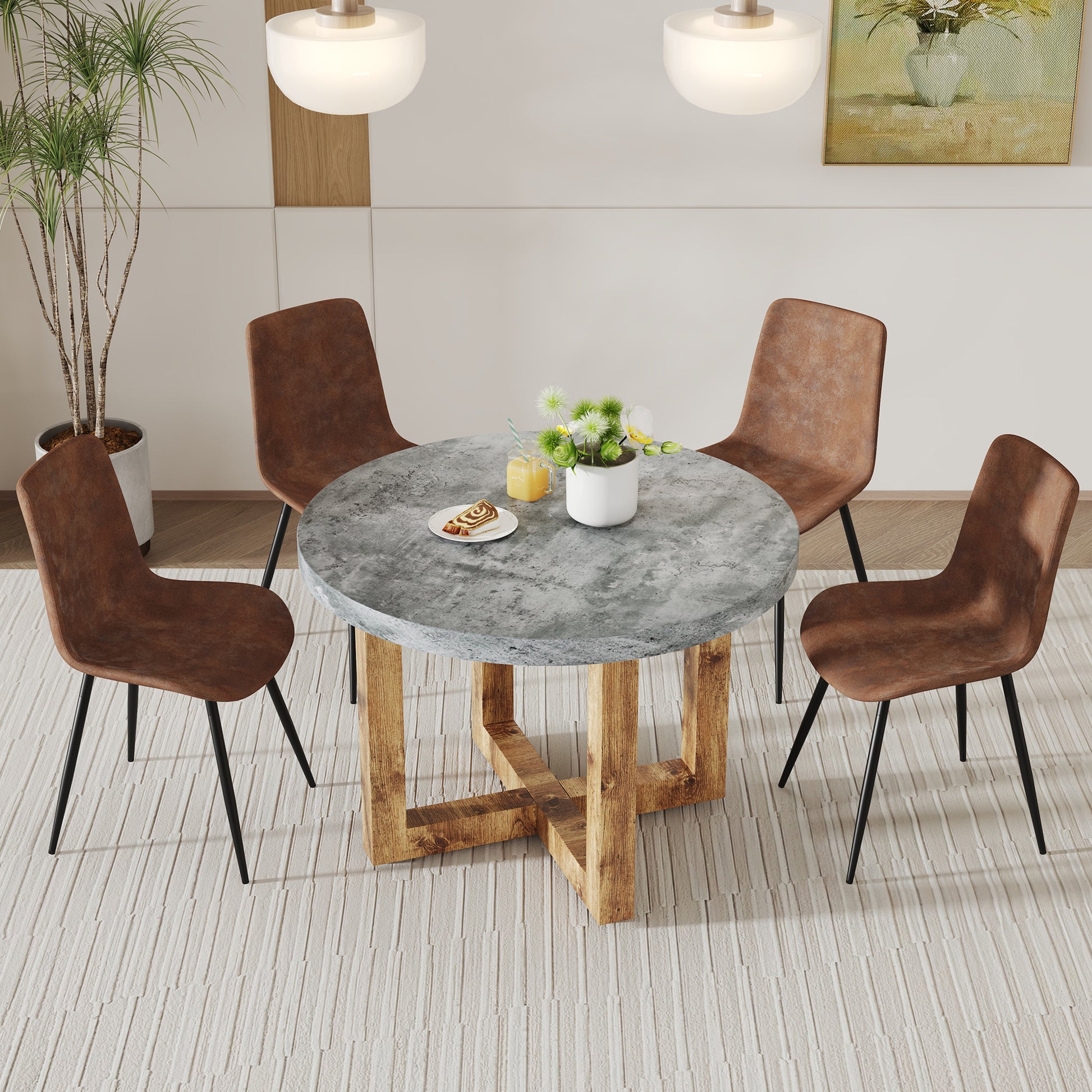 A Modern And Practical Circular Dining Table. Made Of Mdf Tabletop And Wooden Mdf Table Legs.A Set Of 4 Brown Cushioned Chairs In A Modern Medieval Style Restaurant. Ct 403B0502A Natural Wood Mdf