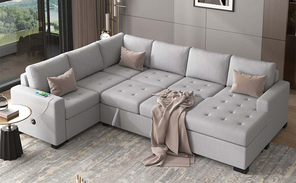 Sectional Sleeper Sofa With Pull Out Bed And Lounge Chair, Usb And Type C Interfaces, Suitable For Living Room, Office, And Spacious Spaces Gray Polyester