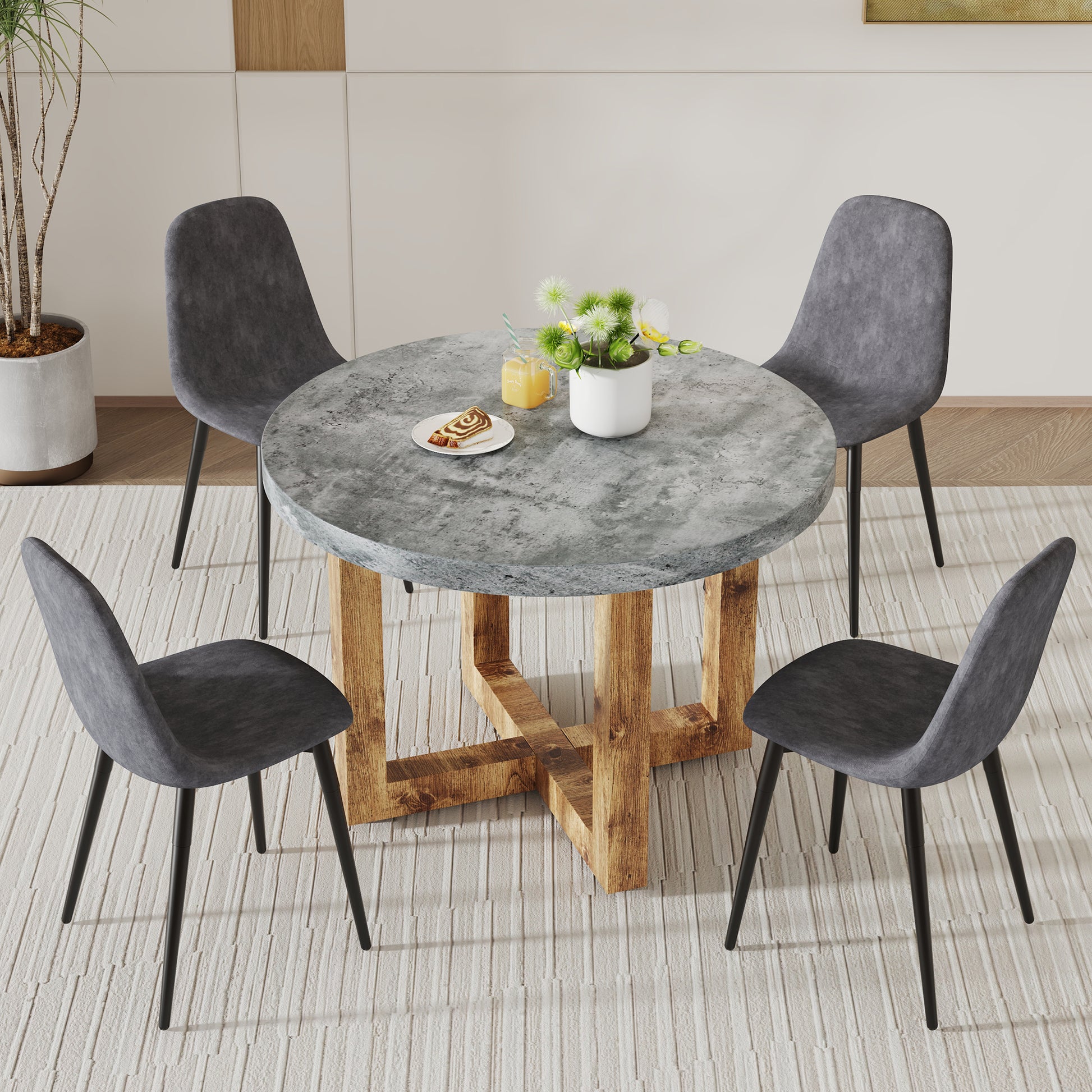 A Modern And Practical Circular Dining Table. Made Of Mdf Tabletop And Wooden Mdf Table Legs. A Set Of 4 Cushioned Chairs.Ct 403B0501A Grey Mdf