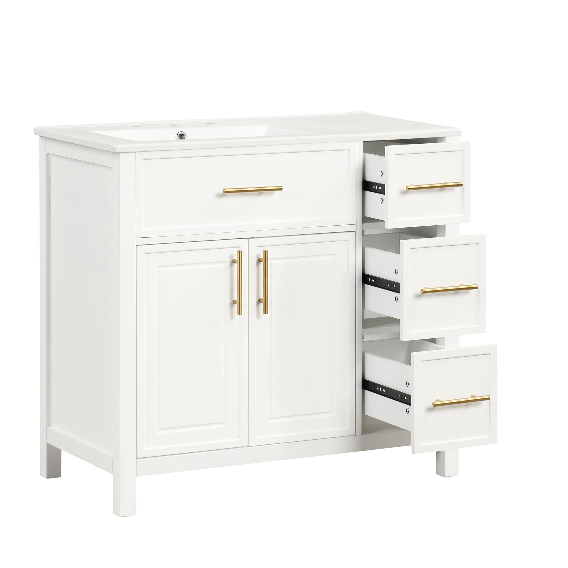 36" Bathroom Vanity With Sink Top, Bathroom Vanity Cabinet With Two Doors And Three Drawers, Solid Woodmdf Boards ,One Package, White White Solid Wood Mdf