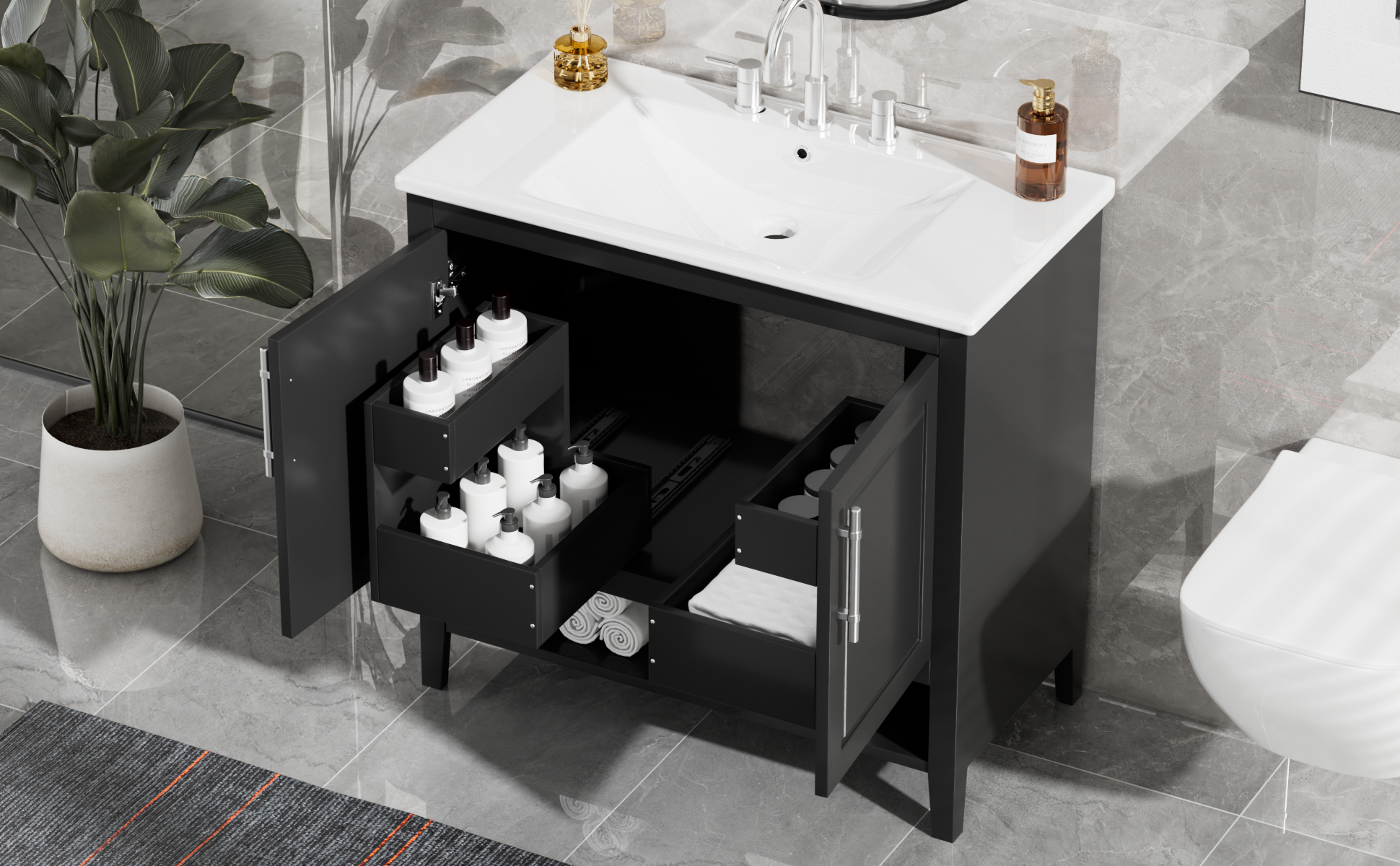 36" Bathroom Vanity With Sink, Multi Functional Bathroom Cabinet With Doors And Drawers, Mdf Frame And Mdf Board, Black Black Solid Wood Mdf