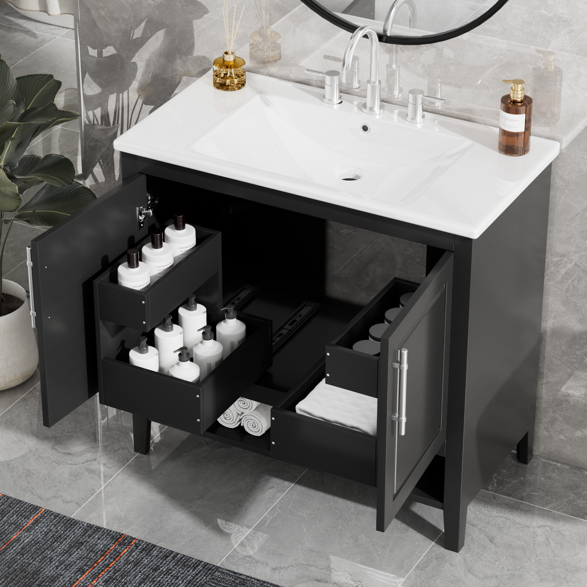 36" Bathroom Vanity With Sink, Multi Functional Bathroom Cabinet With Doors And Drawers, Mdf Frame And Mdf Board, Black Black Solid Wood Mdf