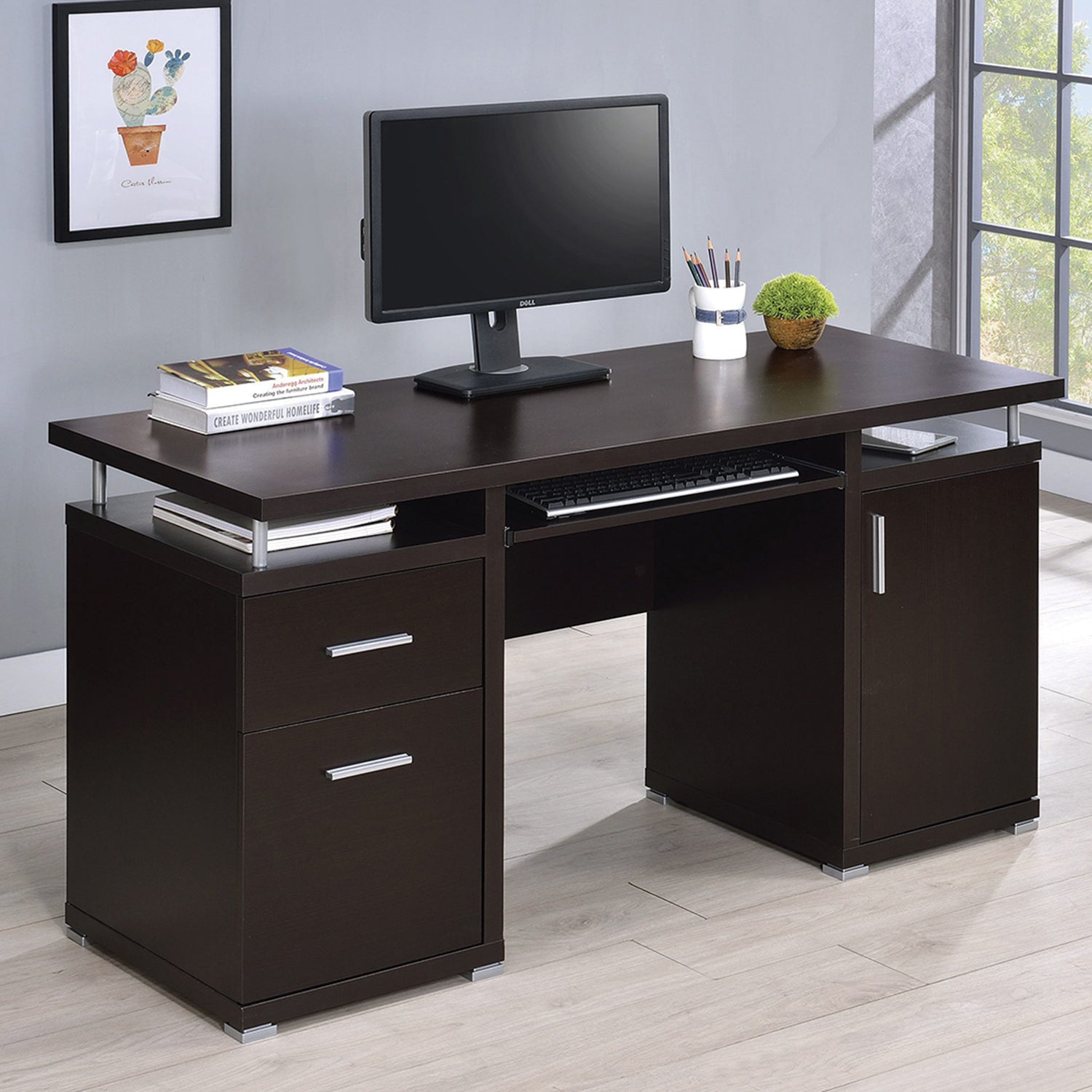Computer Desk with 2 Drawers and Cabinet in Cappuccino cappuccino-computer