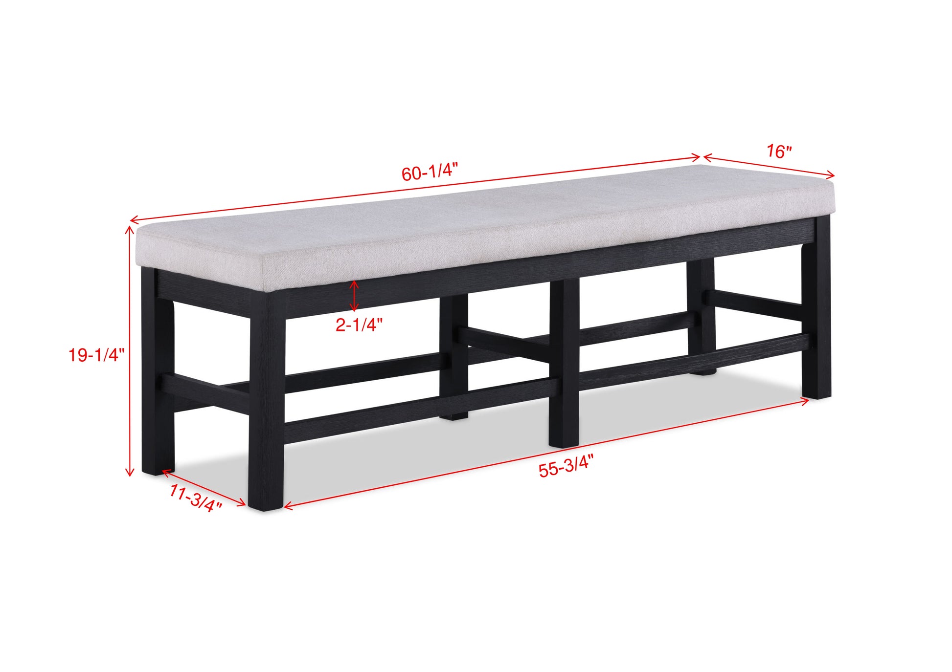 1Pc Black Finish Standard Height Long Bench Gray Fabric Upholstered Se