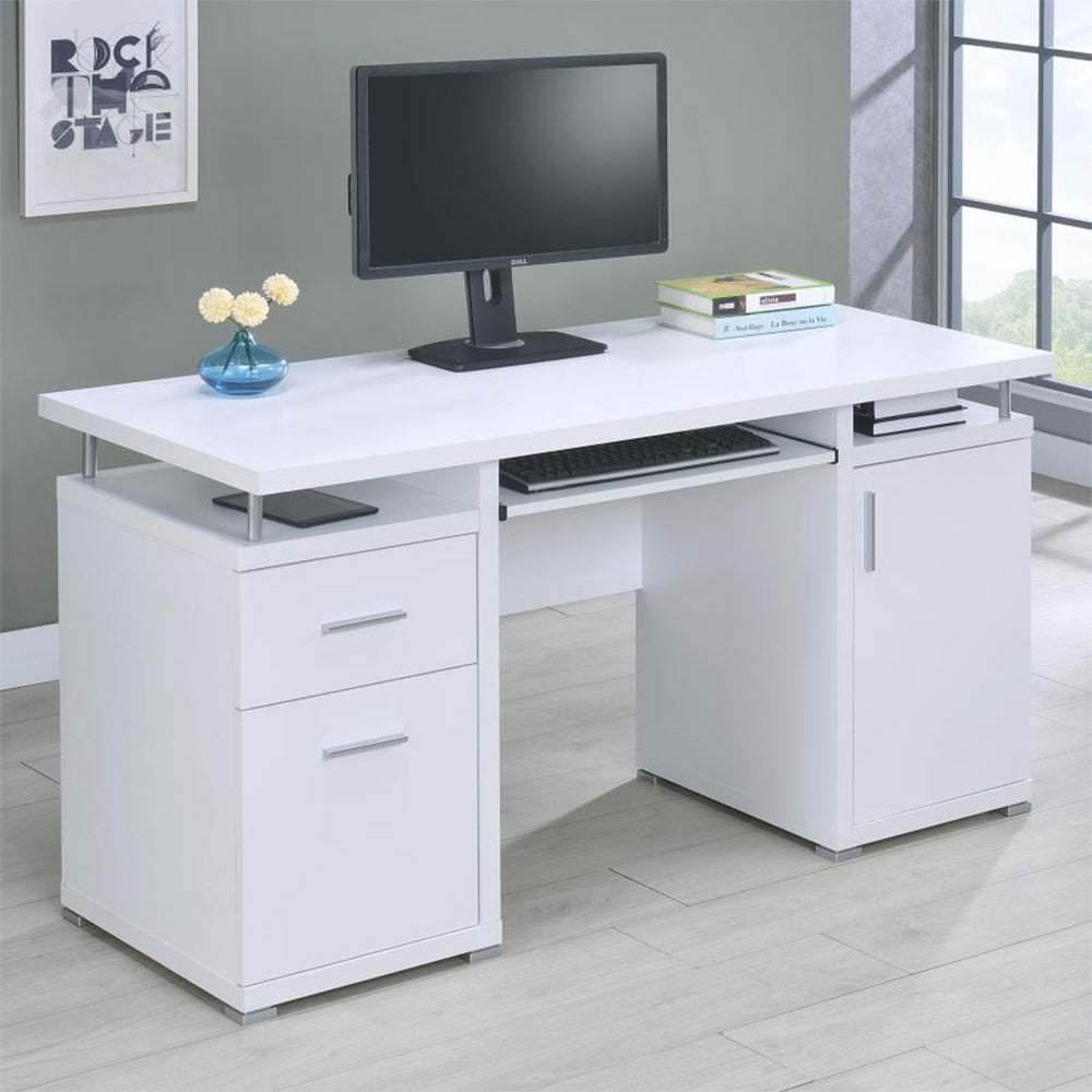 55 Inch Office Computer Desk With2 Drawers In White White Mdf Metal