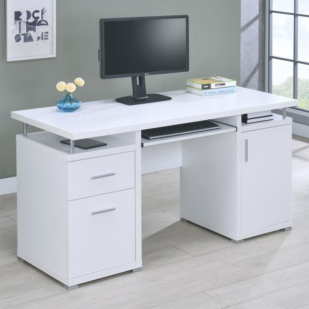 Computer Desk with 2 Drawers and Cabinet in White white-computer desk-office-rectangular-particle
