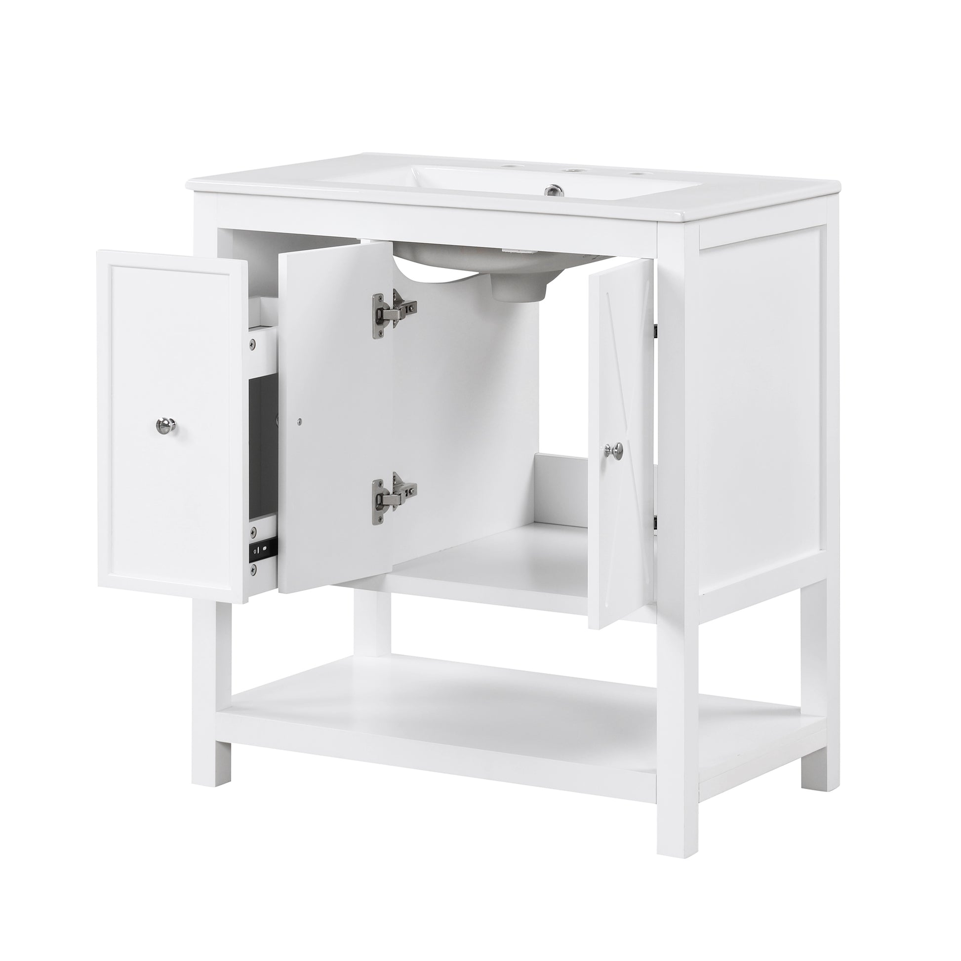 30" Bathroom Vanity With Sink Top, Bathroom Vanity Cabinet With Two Doors And One Drawer, Mdf Boards, Solid Wood, One Package, White White Solid Wood Mdf